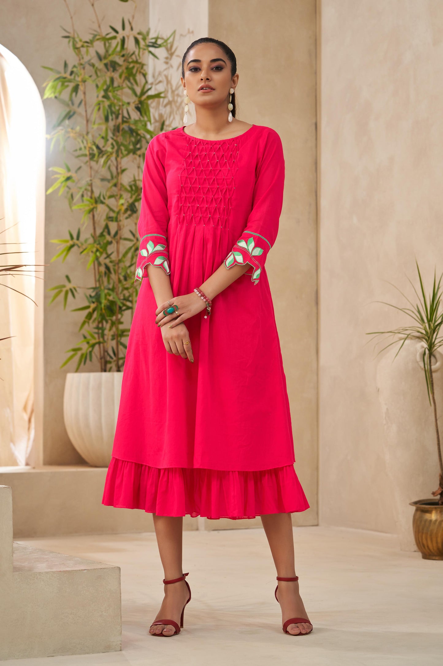 Bright Pink Smocking Embellished Flared Kurta With Cut-work Sleeves