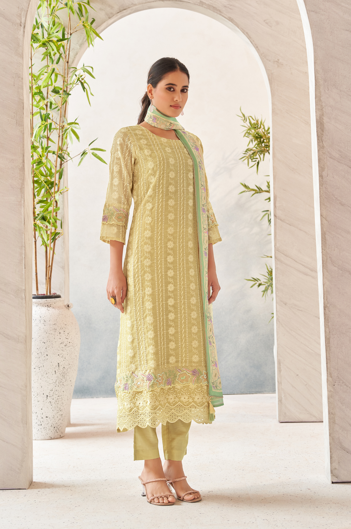 Yellow Chinnon chiffon schiffli  Embroidered Kurta Set with Dupatta For Women