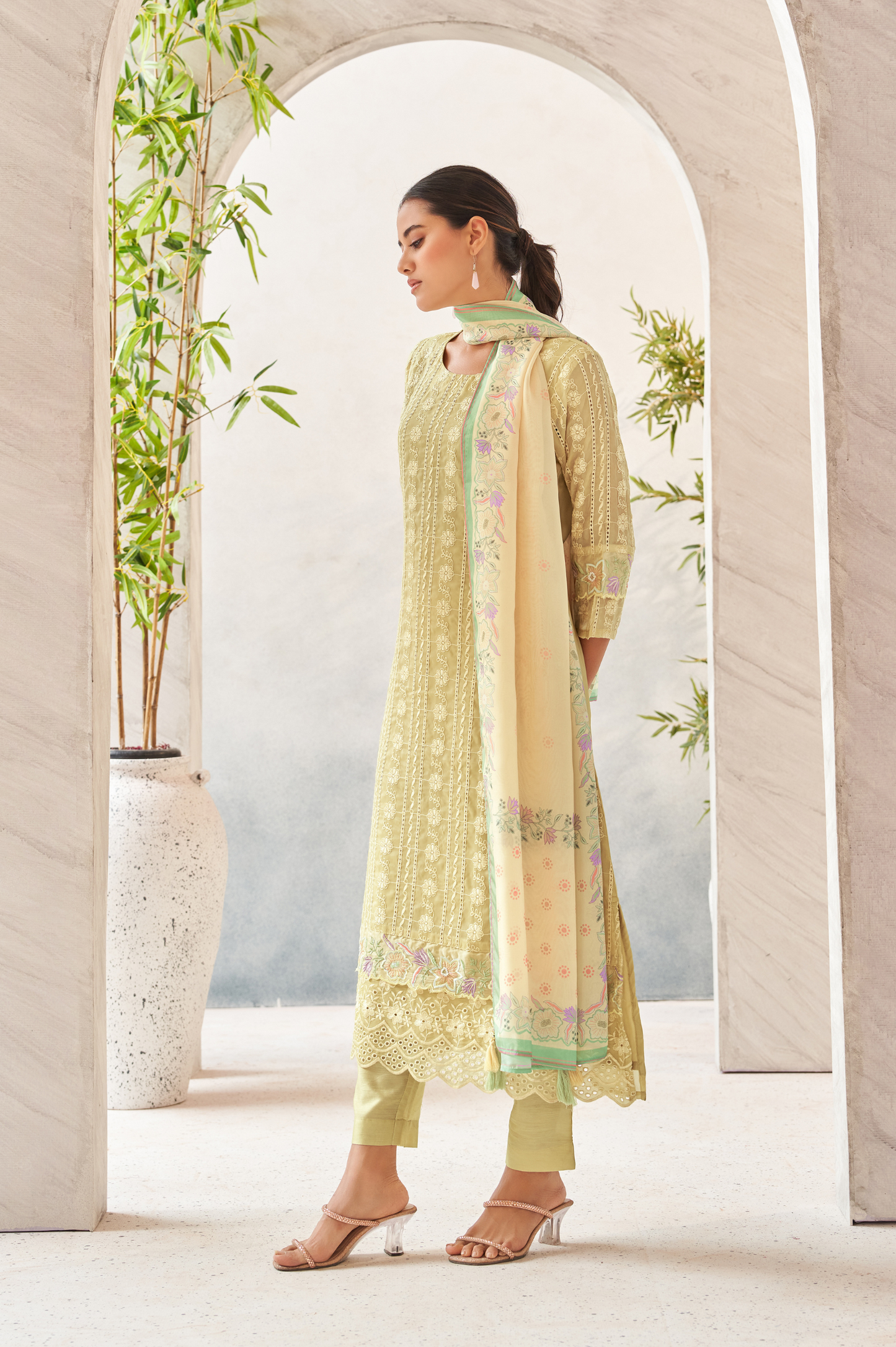 Yellow Chinnon chiffon schiffli  Embroidered Kurta Set with Dupatta For Women