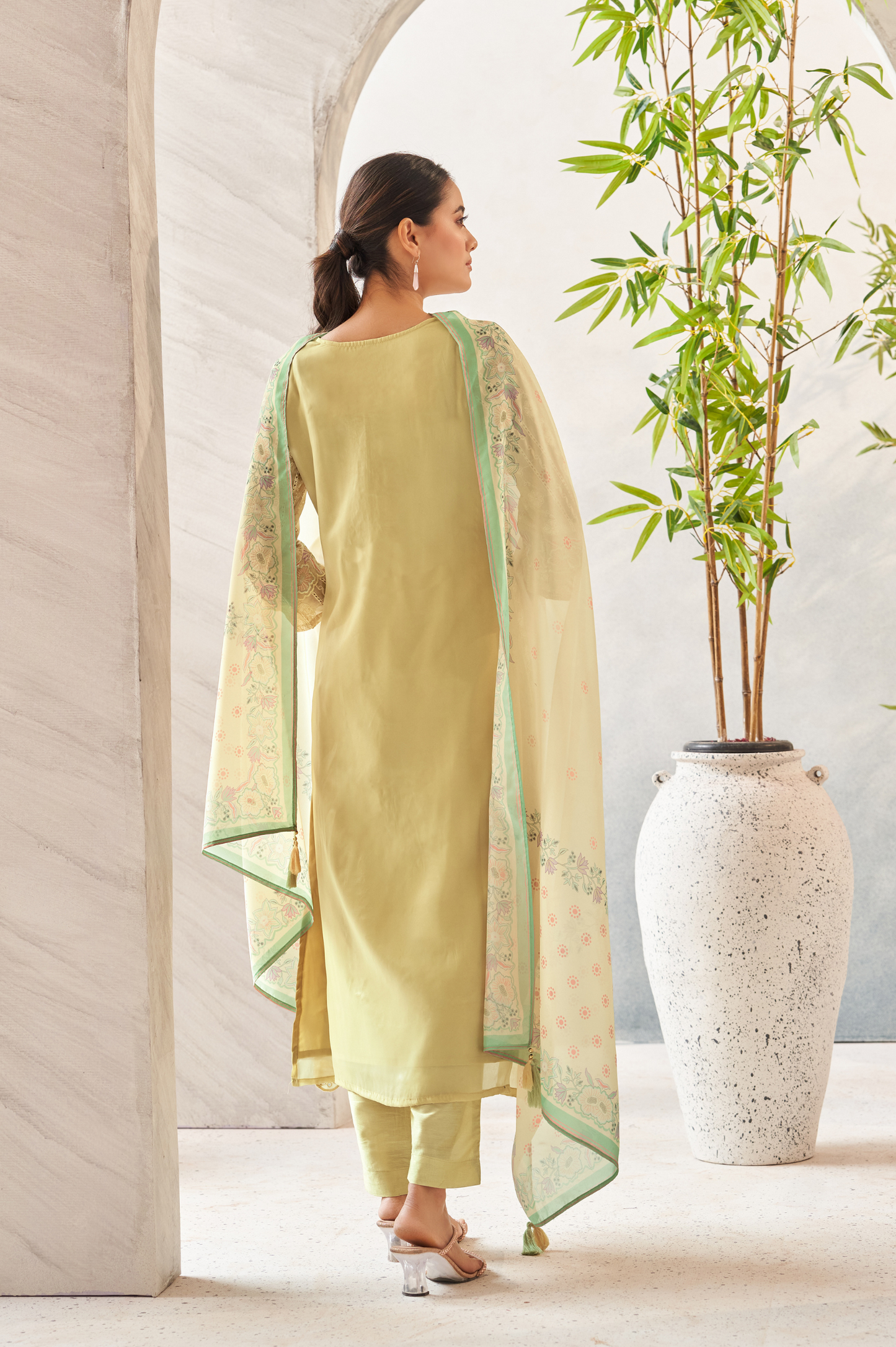 Yellow Chinnon chiffon schiffli  Embroidered Kurta Set with Dupatta For Women