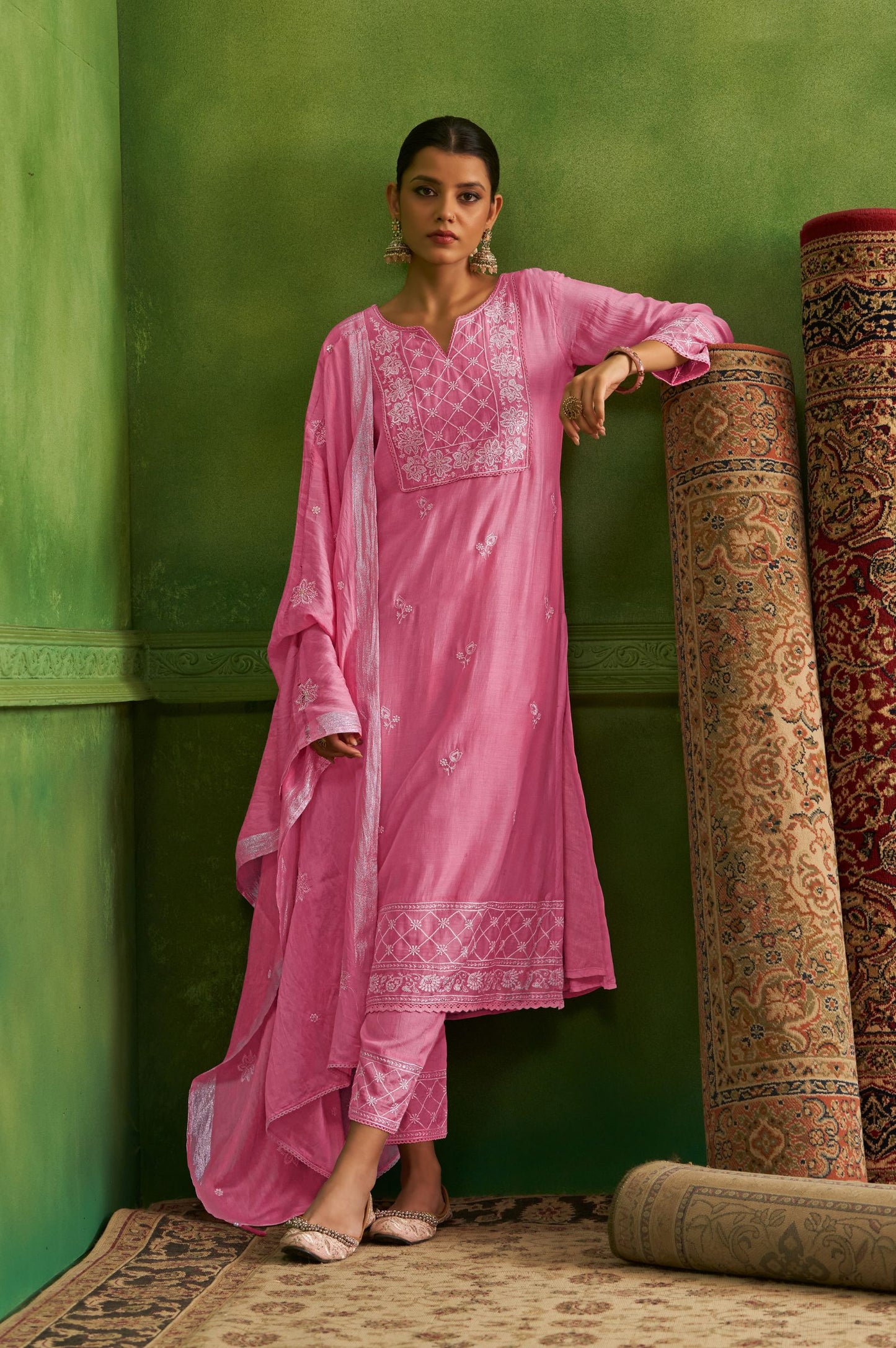 Light Pink Pure Silk Embroidered Kurta Set with Dupatta For Women