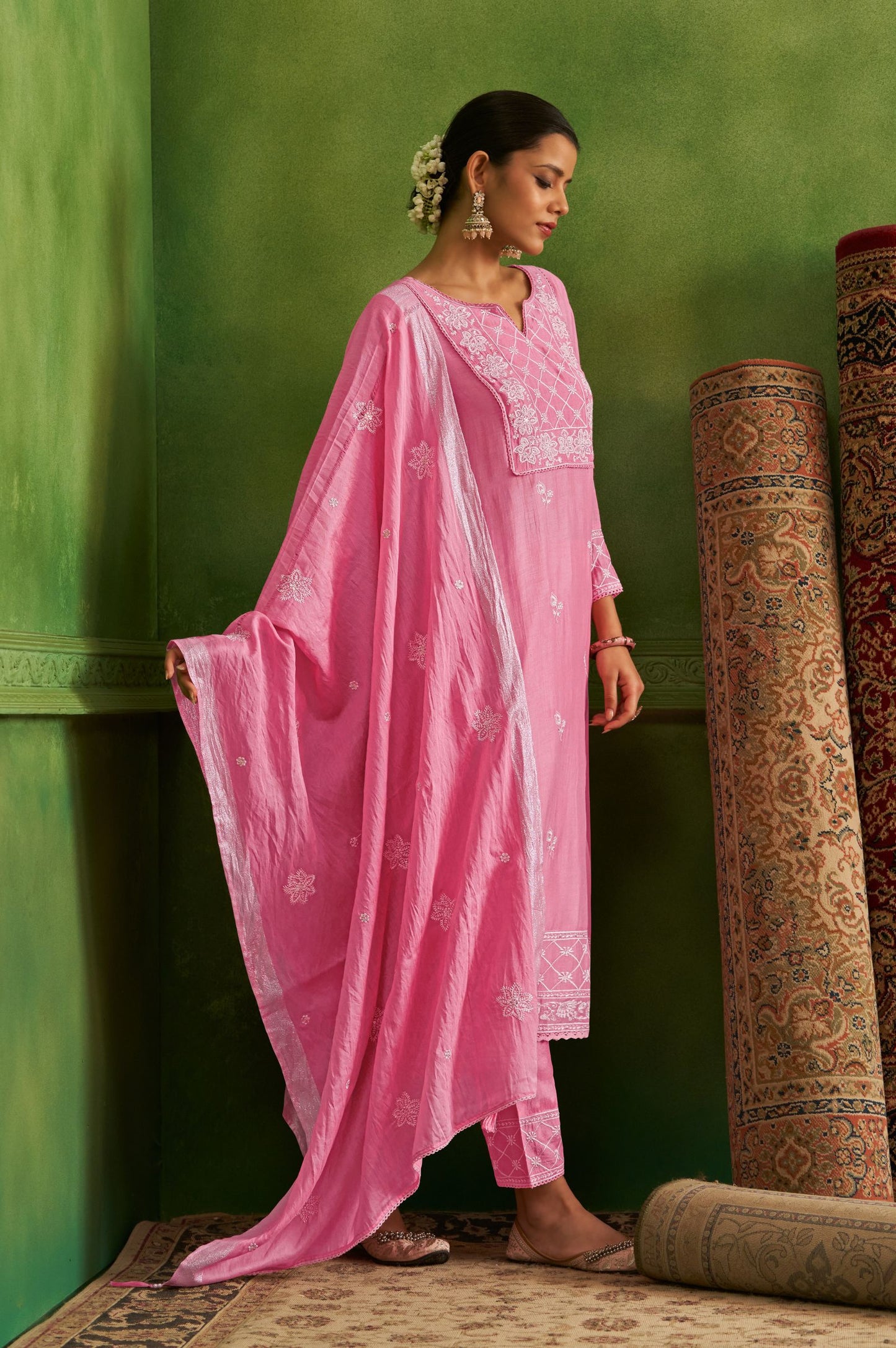 Light Pink Pure Silk Embroidered Kurta Set with Dupatta For Women