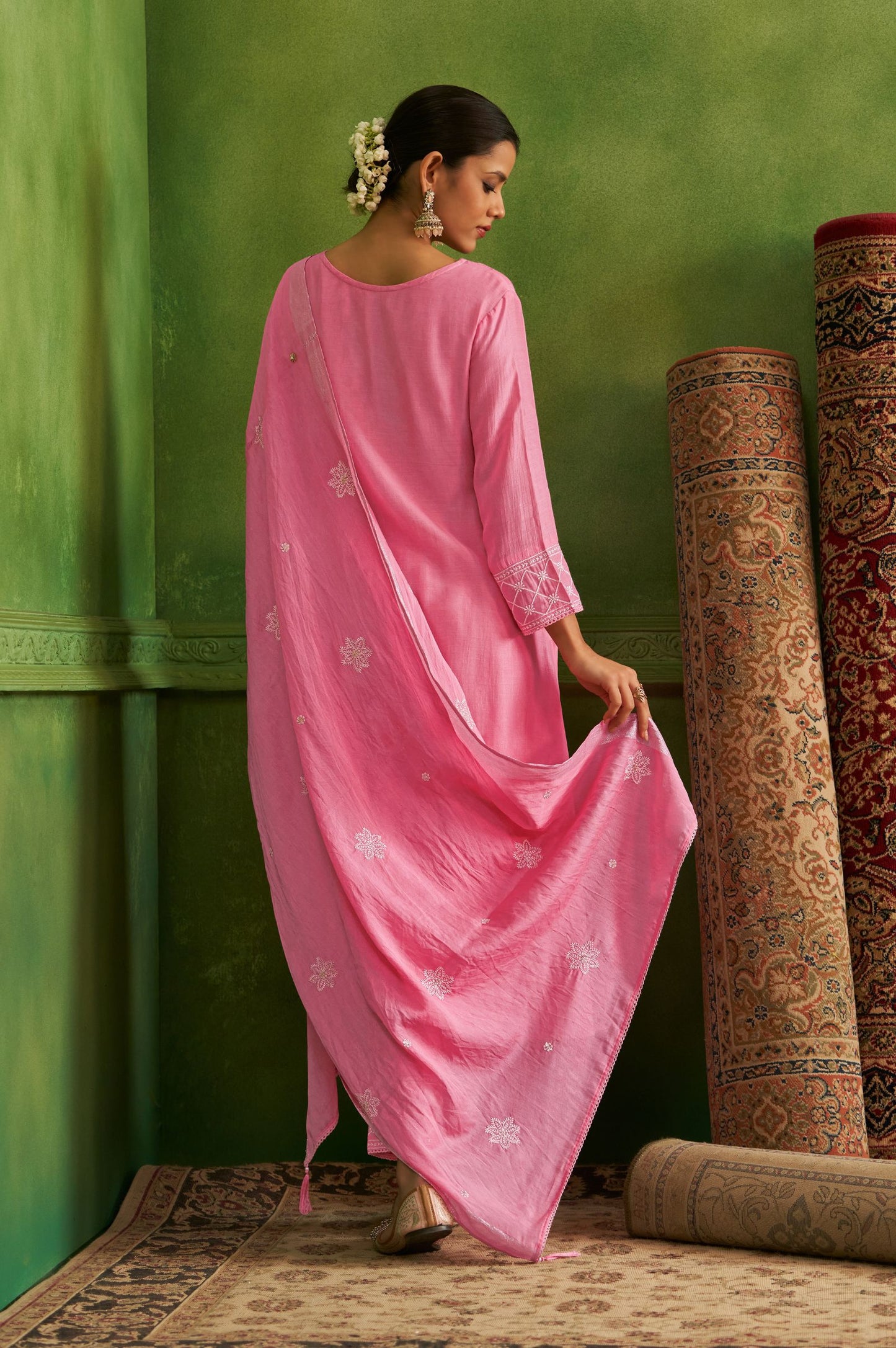Light Pink Pure Silk Embroidered Kurta Set with Dupatta For Women