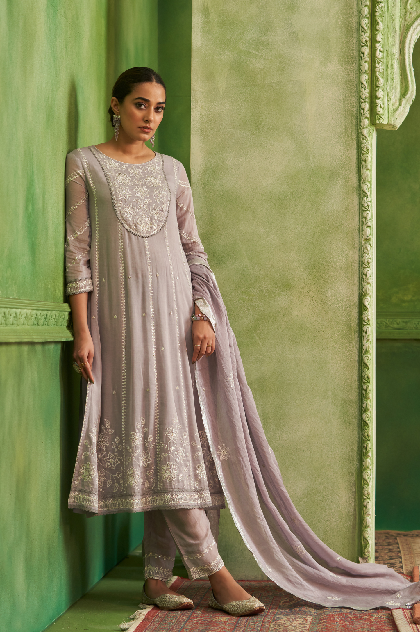 Grey Pure Silk Embroidered Kurta Set with Dupatta For Women