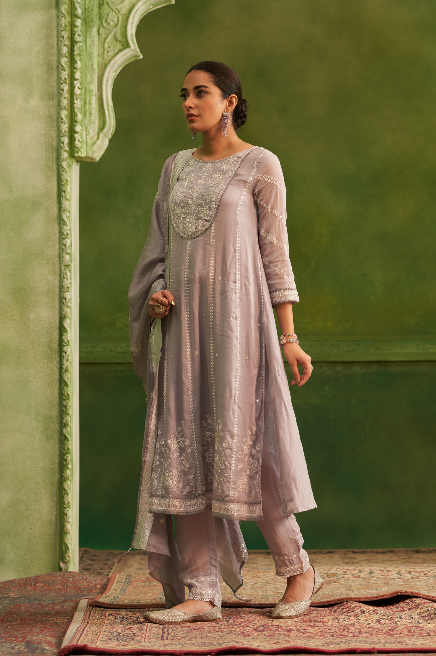 Grey Pure Silk Embroidered Kurta Set with Dupatta For Women