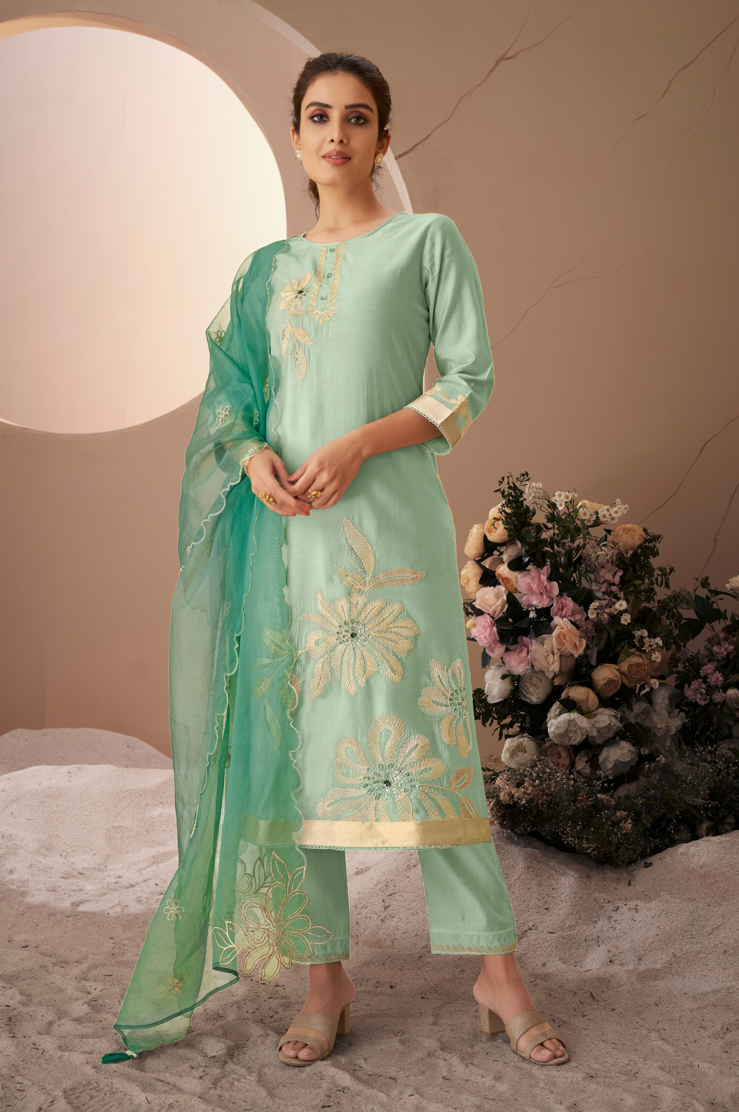 Green Roman Silk Embroidered Kurta Set with Dupatta For Women