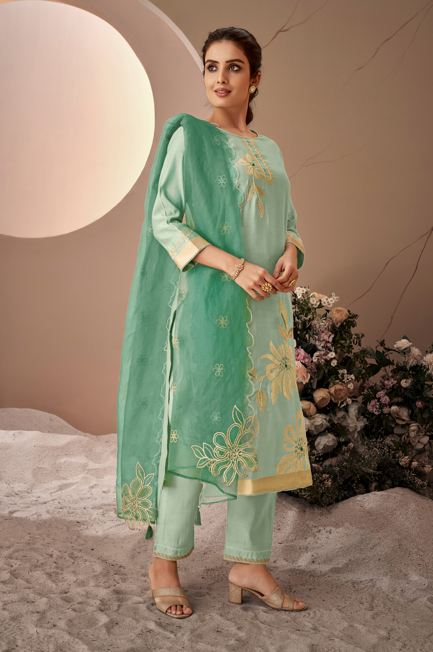 Green Roman Silk Embroidered Kurta Set with Dupatta For Women