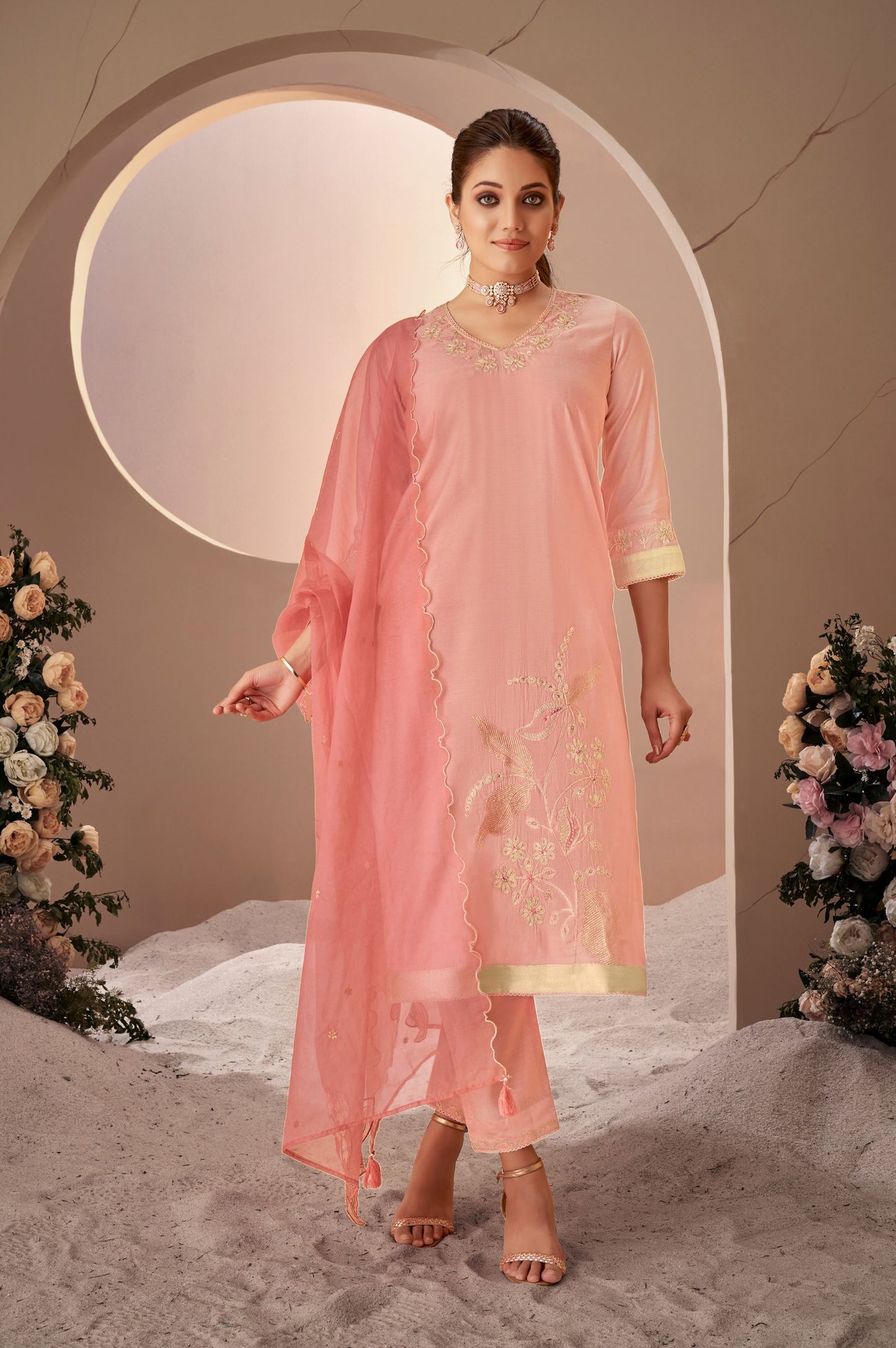 Pink Roman Silk Embroidered Kurta Set with Dupatta For Women