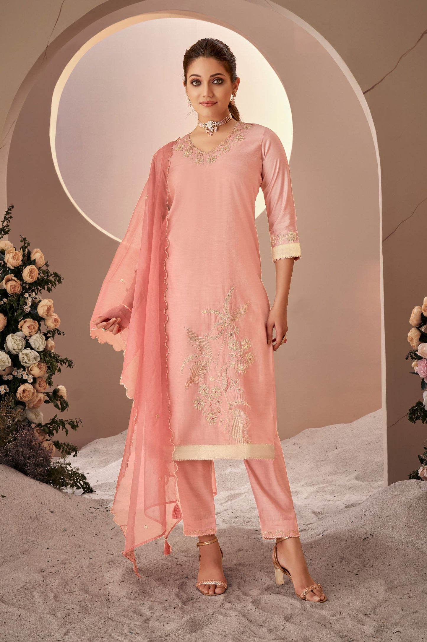 Pink Roman Silk Embroidered Kurta Set with Dupatta For Women