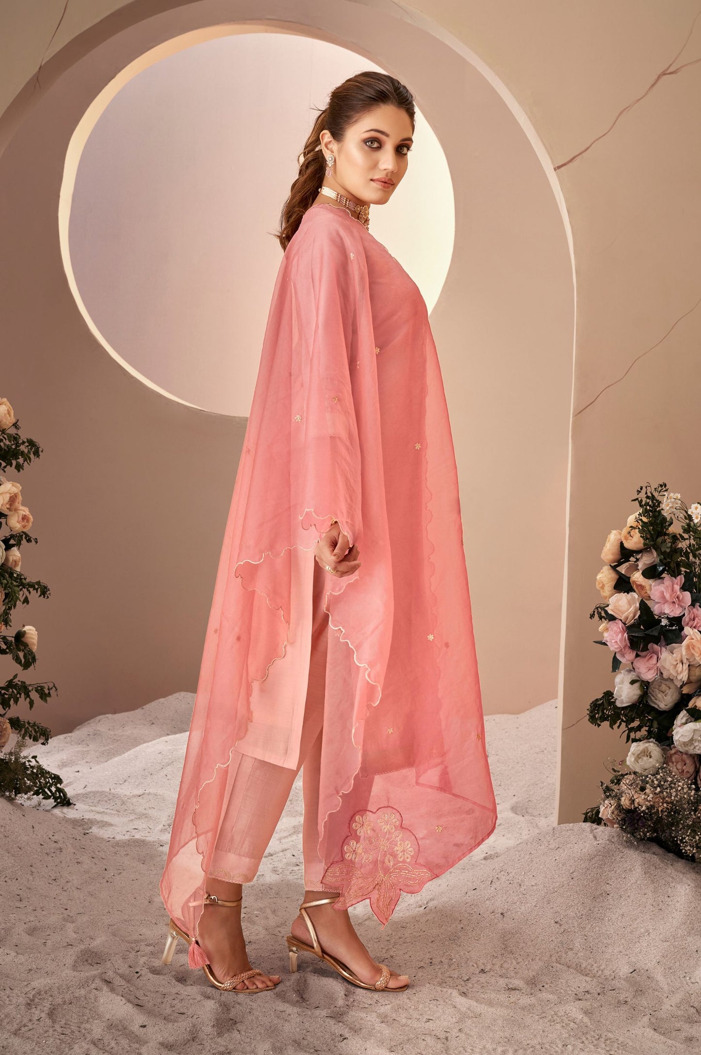 Pink Roman Silk Embroidered Kurta Set with Dupatta For Women
