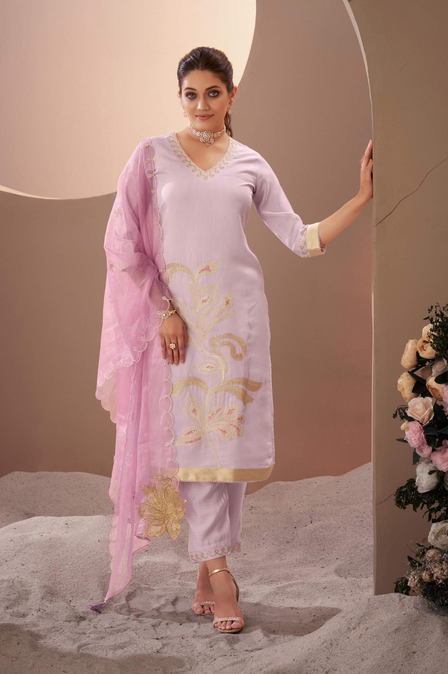 Purple Roman Silk Embroidered Kurta Set with Dupatta For Women