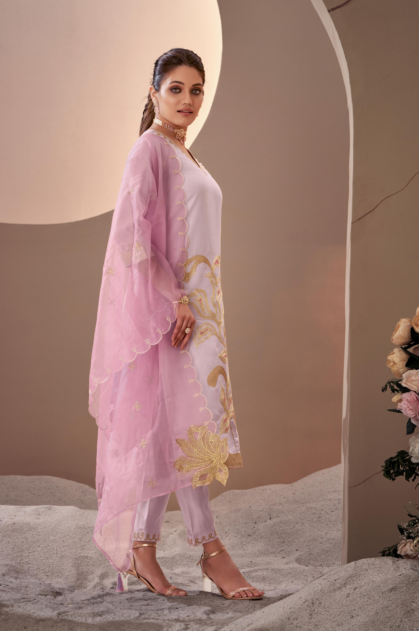 Purple Roman Silk Embroidered Kurta Set with Dupatta For Women