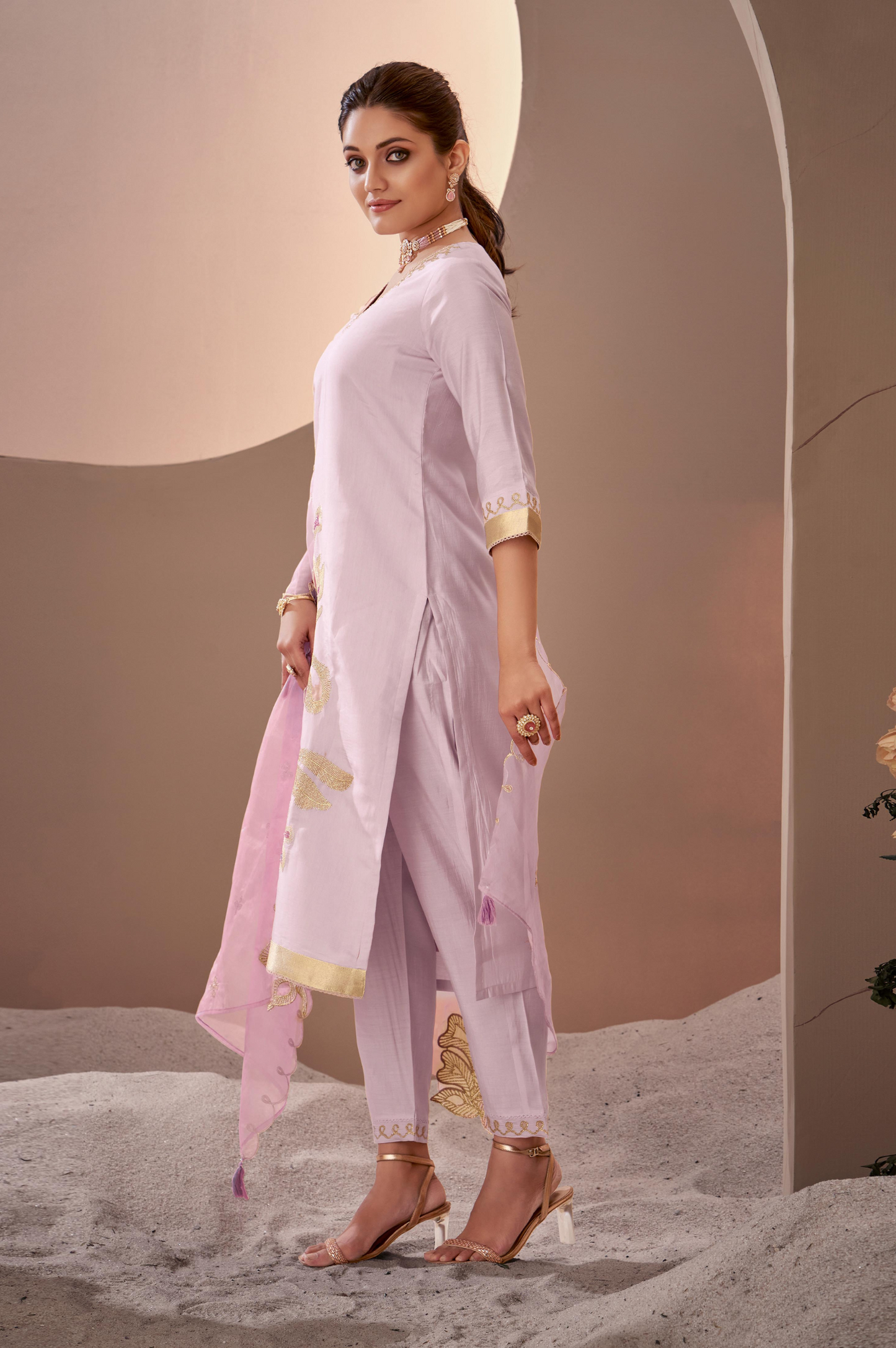 Purple Roman Silk Embroidered Kurta Set with Dupatta For Women