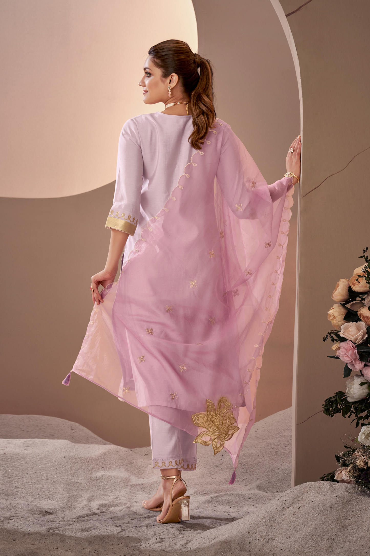 Purple Roman Silk Embroidered Kurta Set with Dupatta For Women