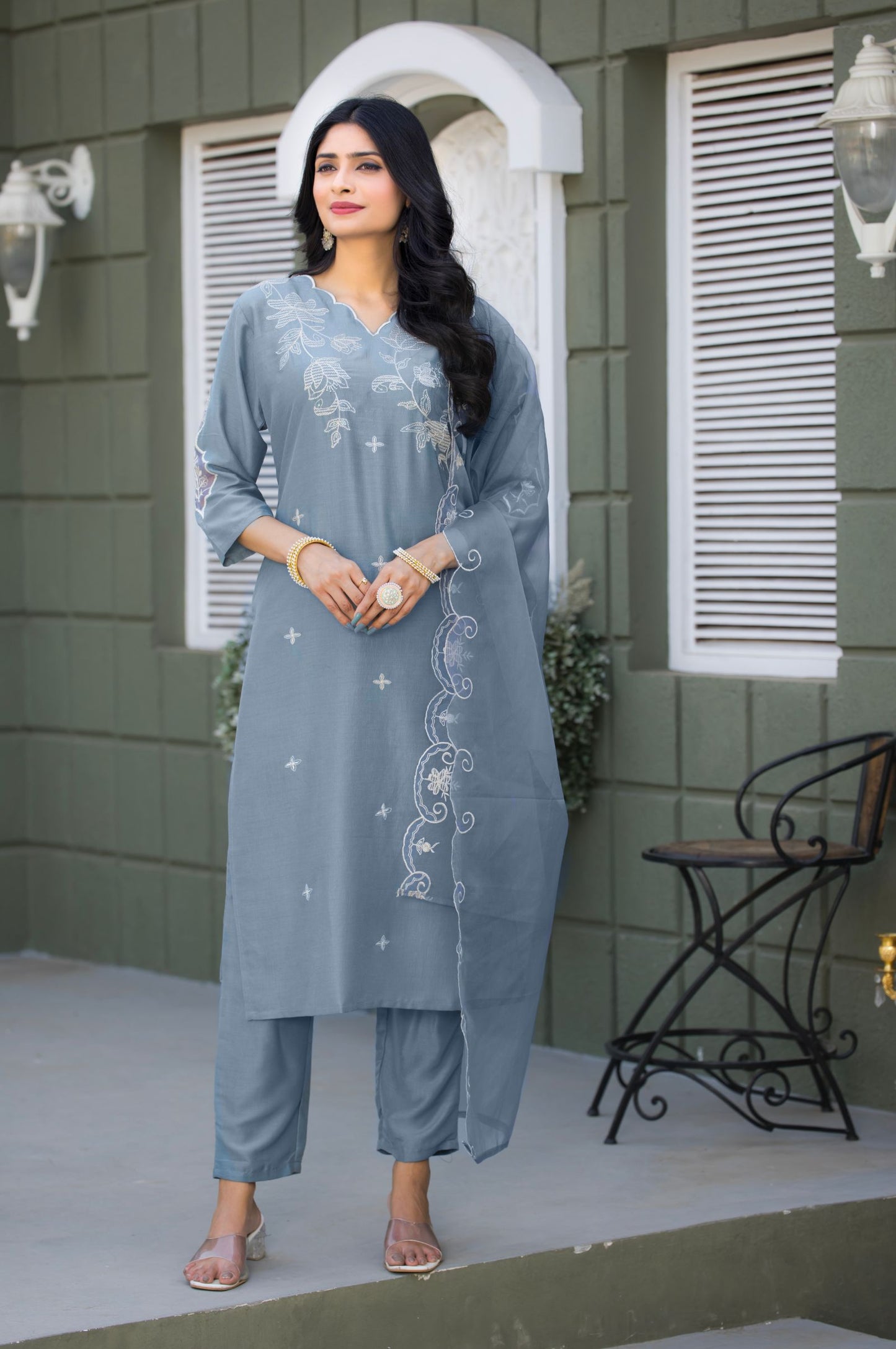 Light Blue Viscose Chinon Embroidered Kurta Set with Dupatta For Women