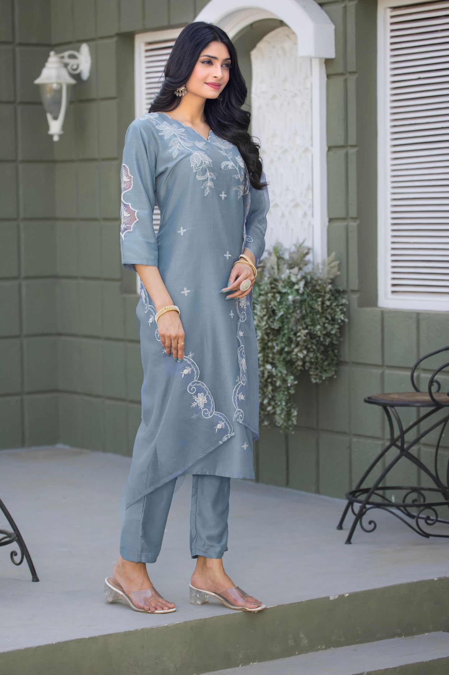 Light Blue Viscose Chinon Embroidered Kurta Set with Dupatta For Women