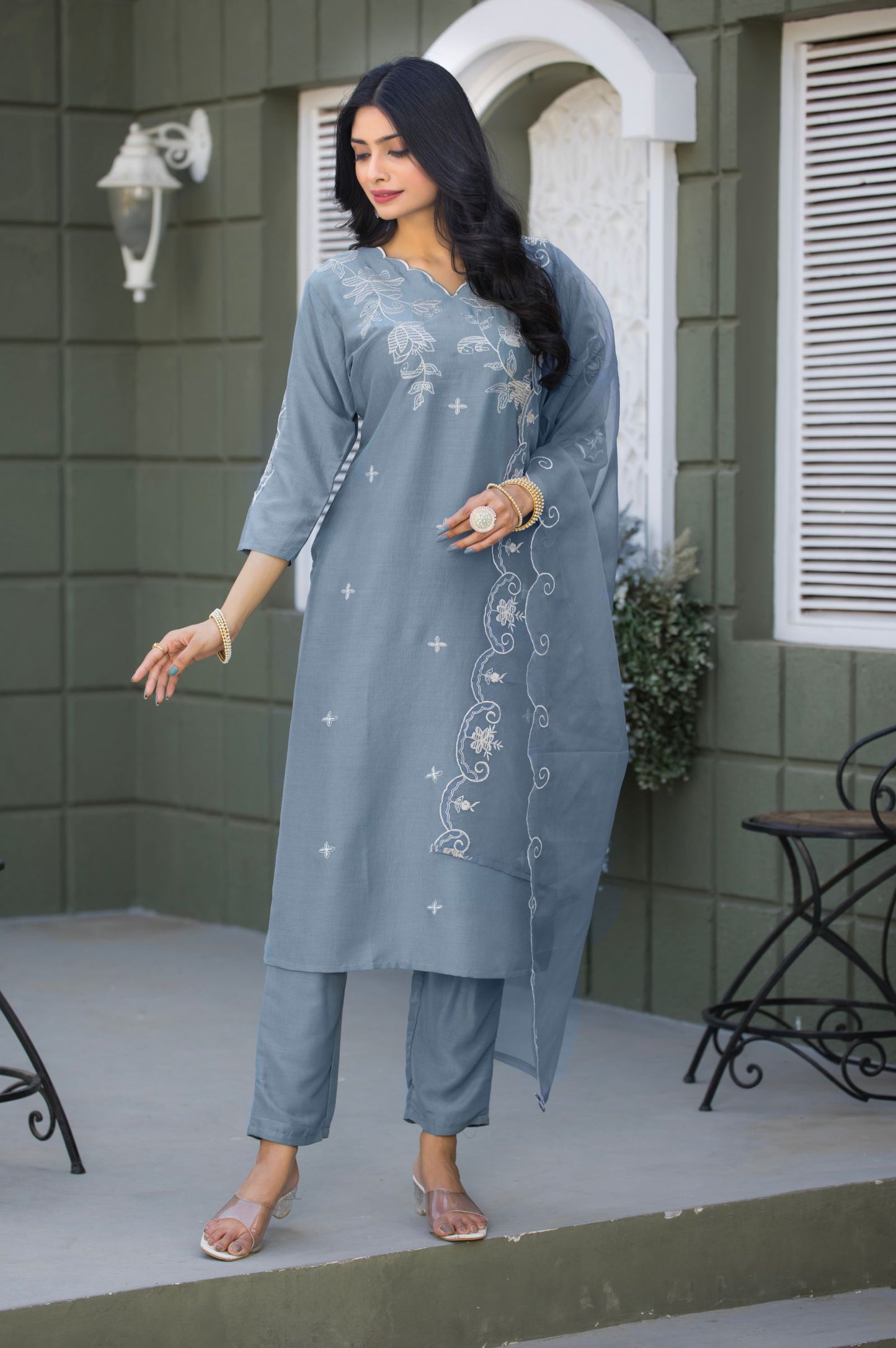 Light Blue Viscose Chinon Embroidered Kurta Set with Dupatta For Women