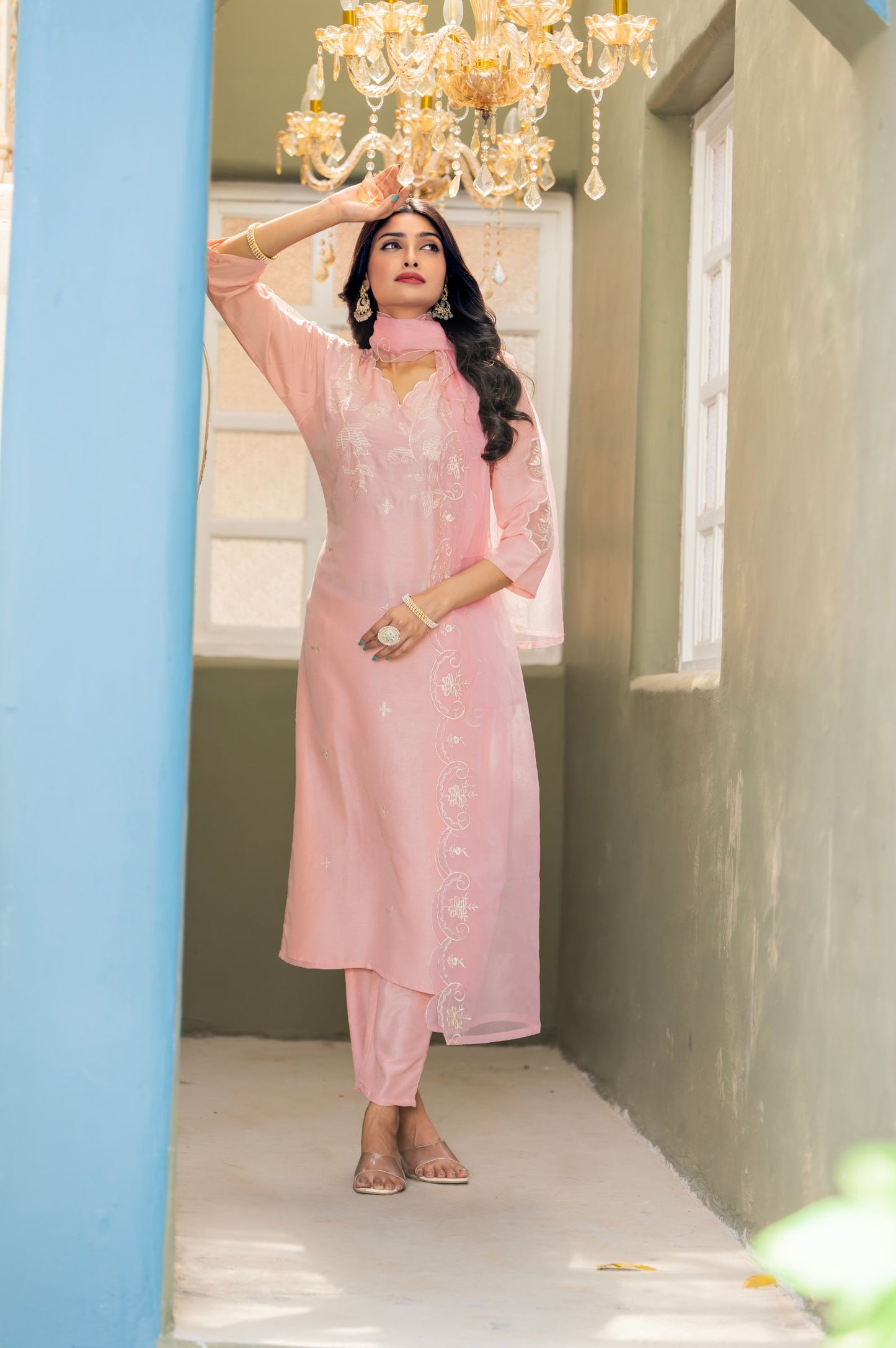 Light Pink Viscose Chinon Embroidered Kurta Set with Dupatta For Women