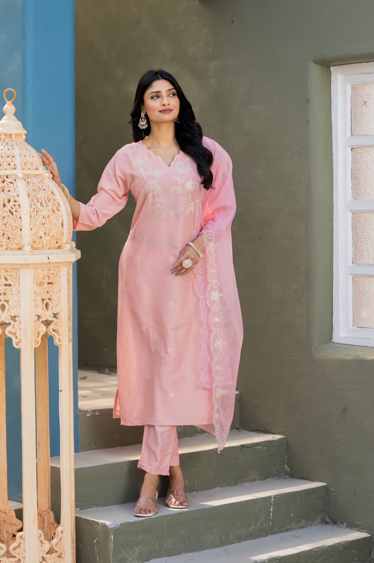 Light Pink Viscose Chinon Embroidered Kurta Set with Dupatta For Women