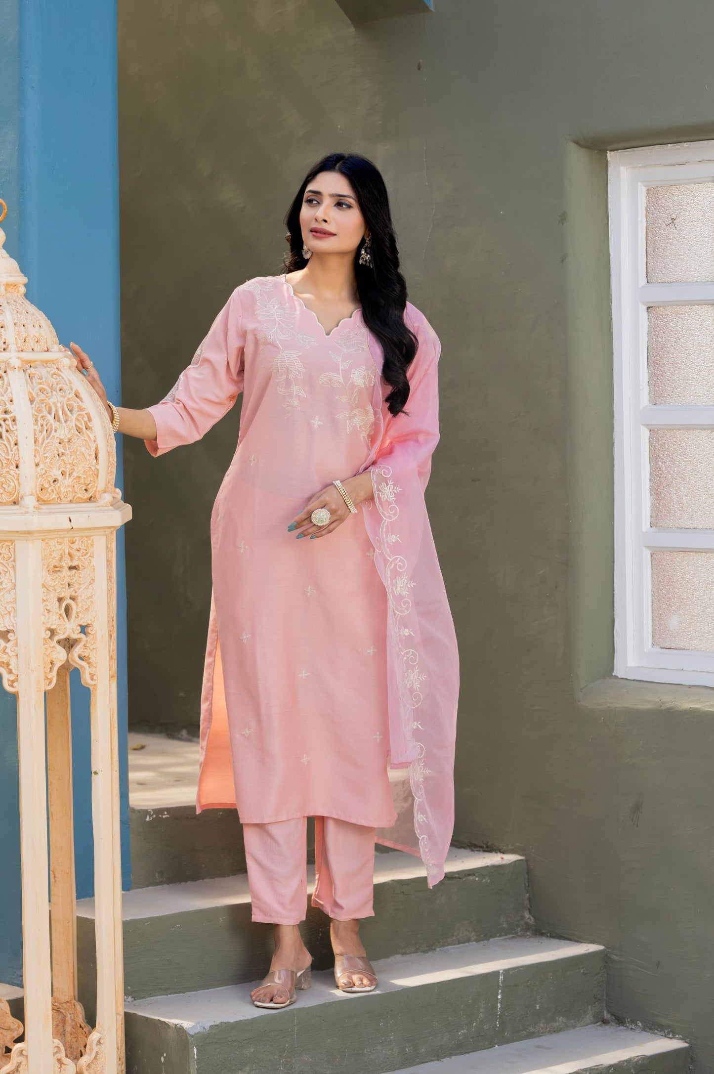 Light Pink Viscose Chinon Embroidered Kurta Set with Dupatta For Women