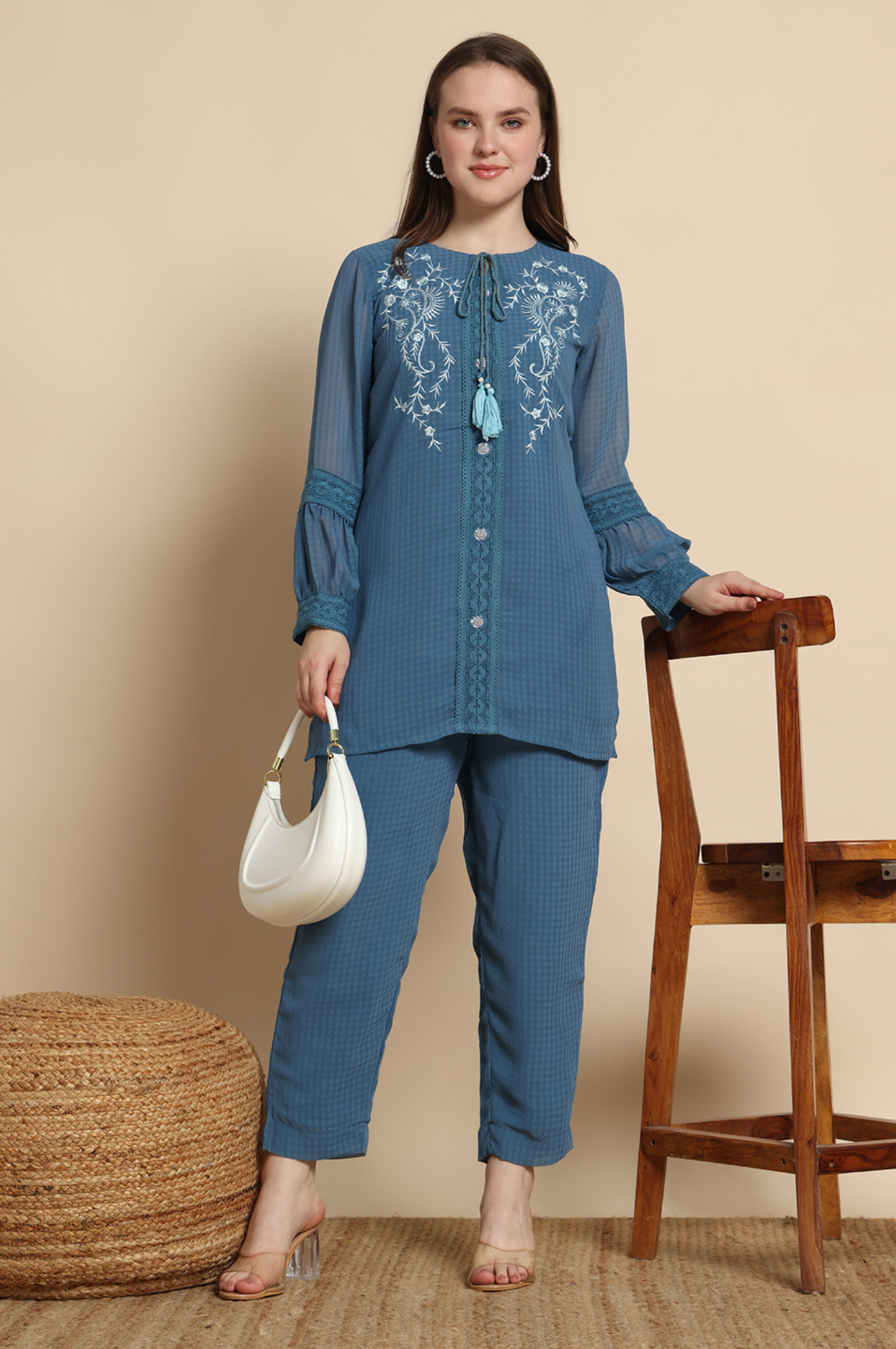 Denim Chinnon chiffon Embroidered Co-ord Set For Women