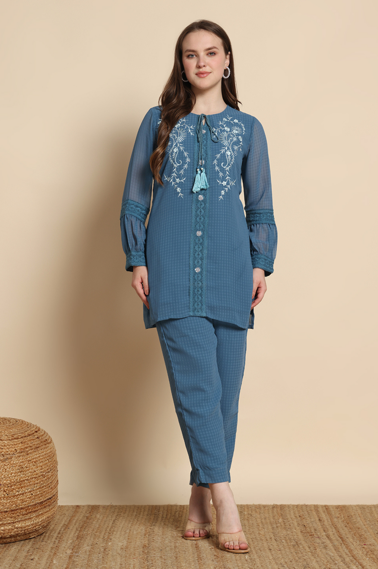 Denim Chinnon chiffon Embroidered Co-ord Set For Women