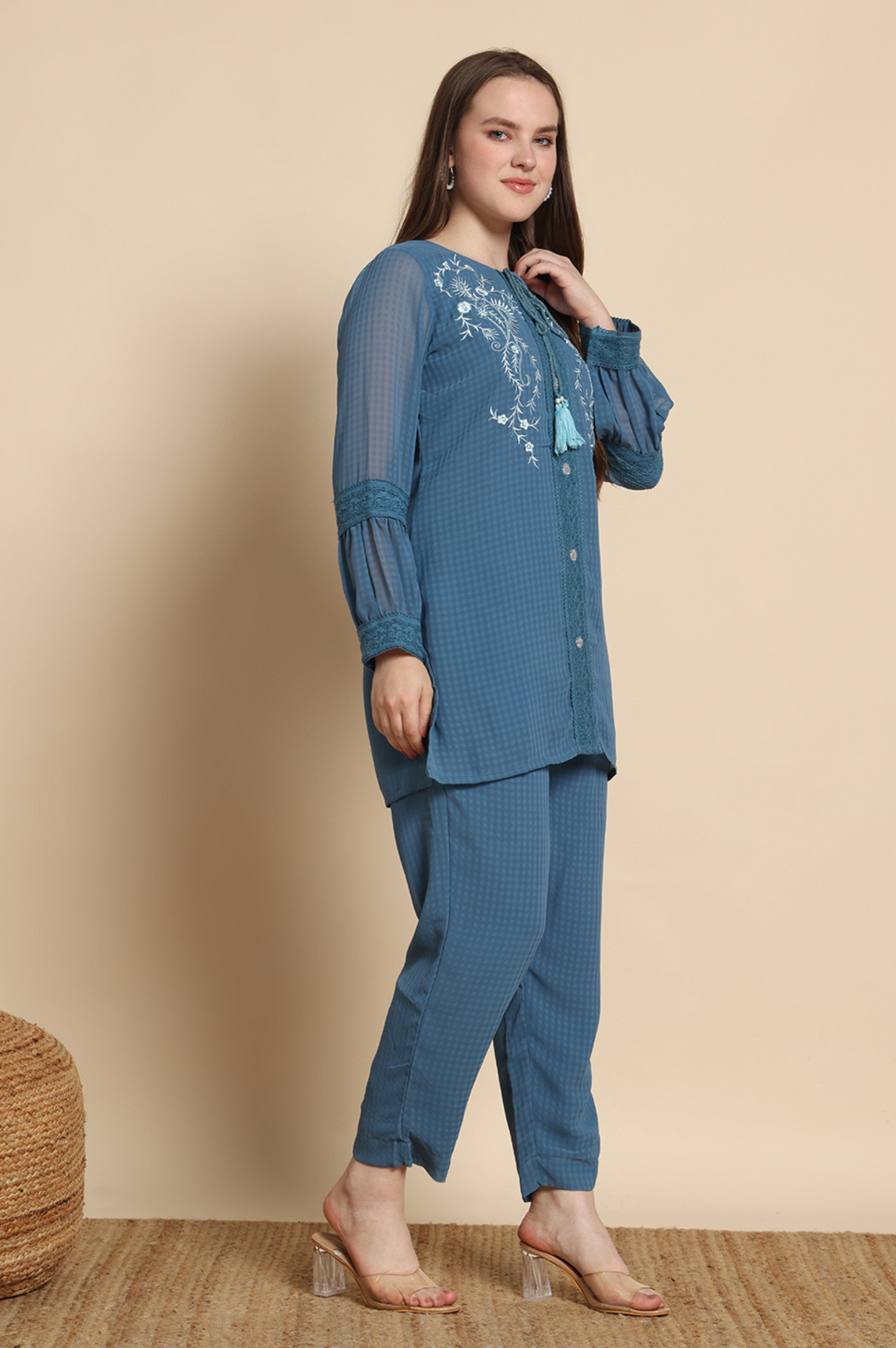 Denim Chinnon chiffon Embroidered Co-ord Set For Women