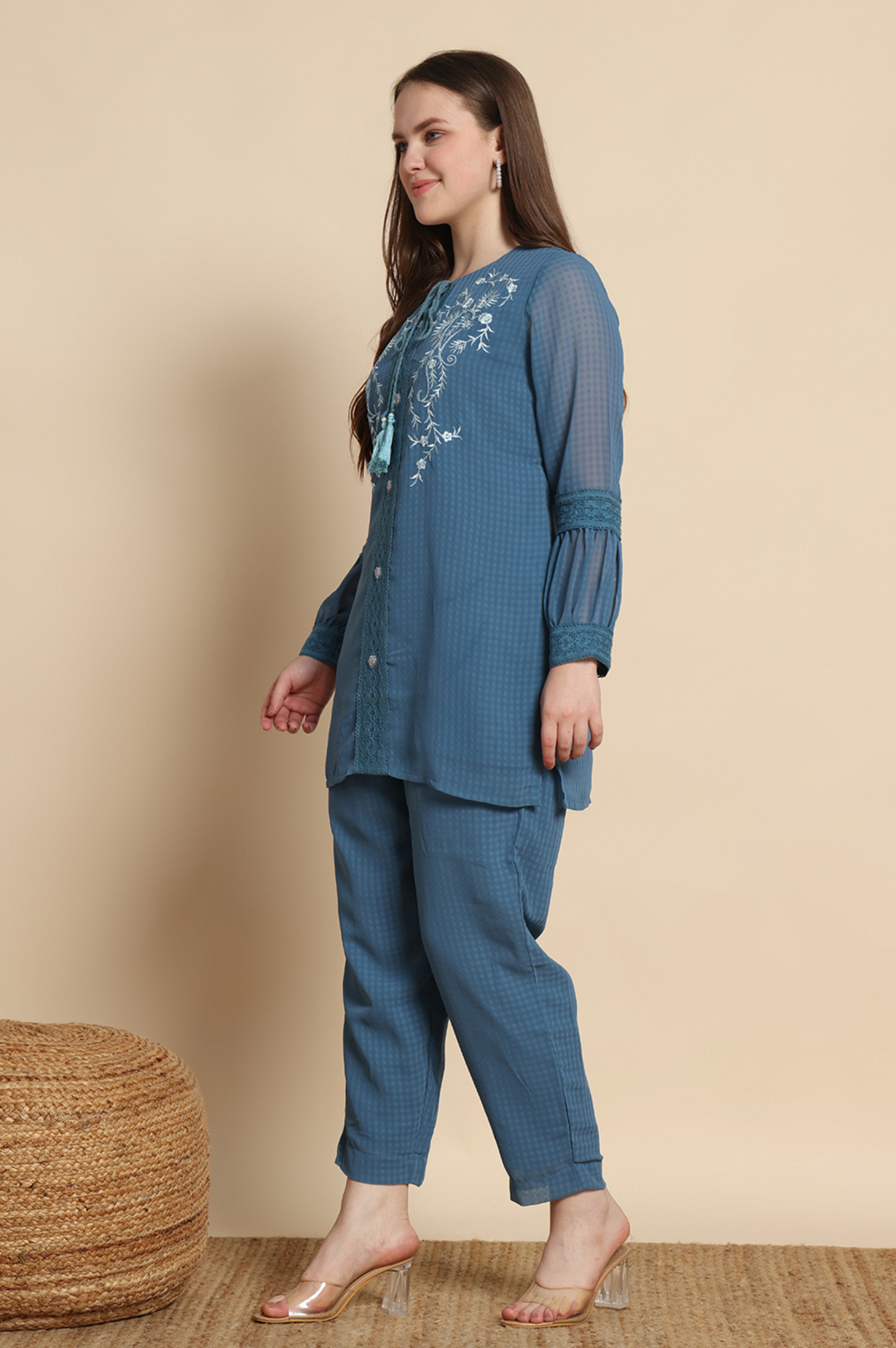Denim Chinnon chiffon Embroidered Co-ord Set For Women