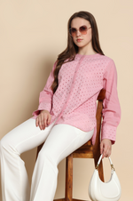 Pink Mal Cotton schiffli Self Design Top For Women