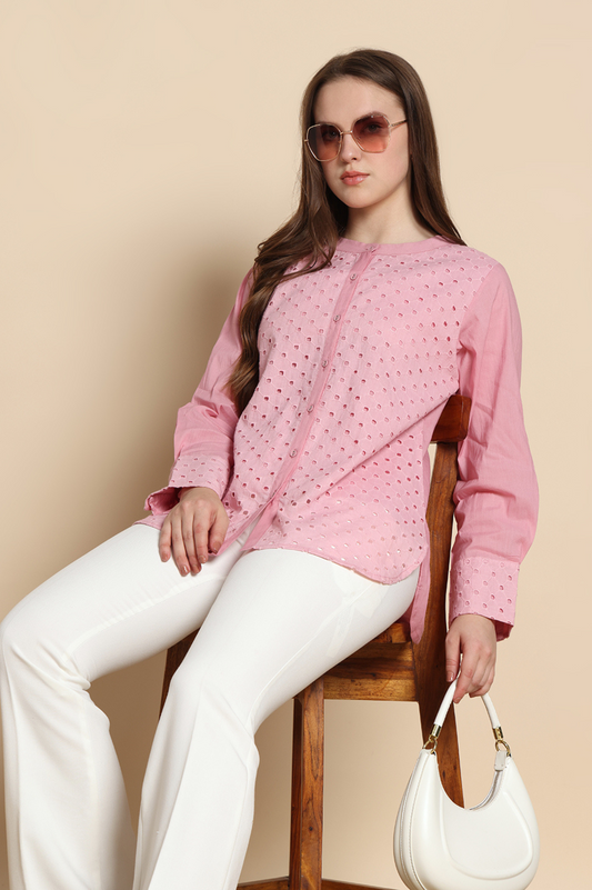 Pink Mal Cotton schiffli Self Design Top For Women