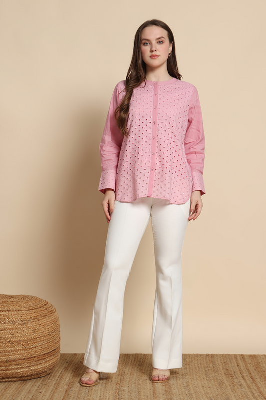 Pink Mal Cotton schiffli Self Design Top For Women