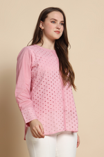 Pink Mal Cotton schiffli Self Design Top For Women
