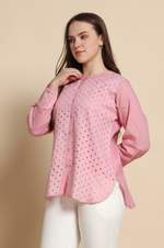 Pink Mal Cotton schiffli Self Design Top For Women