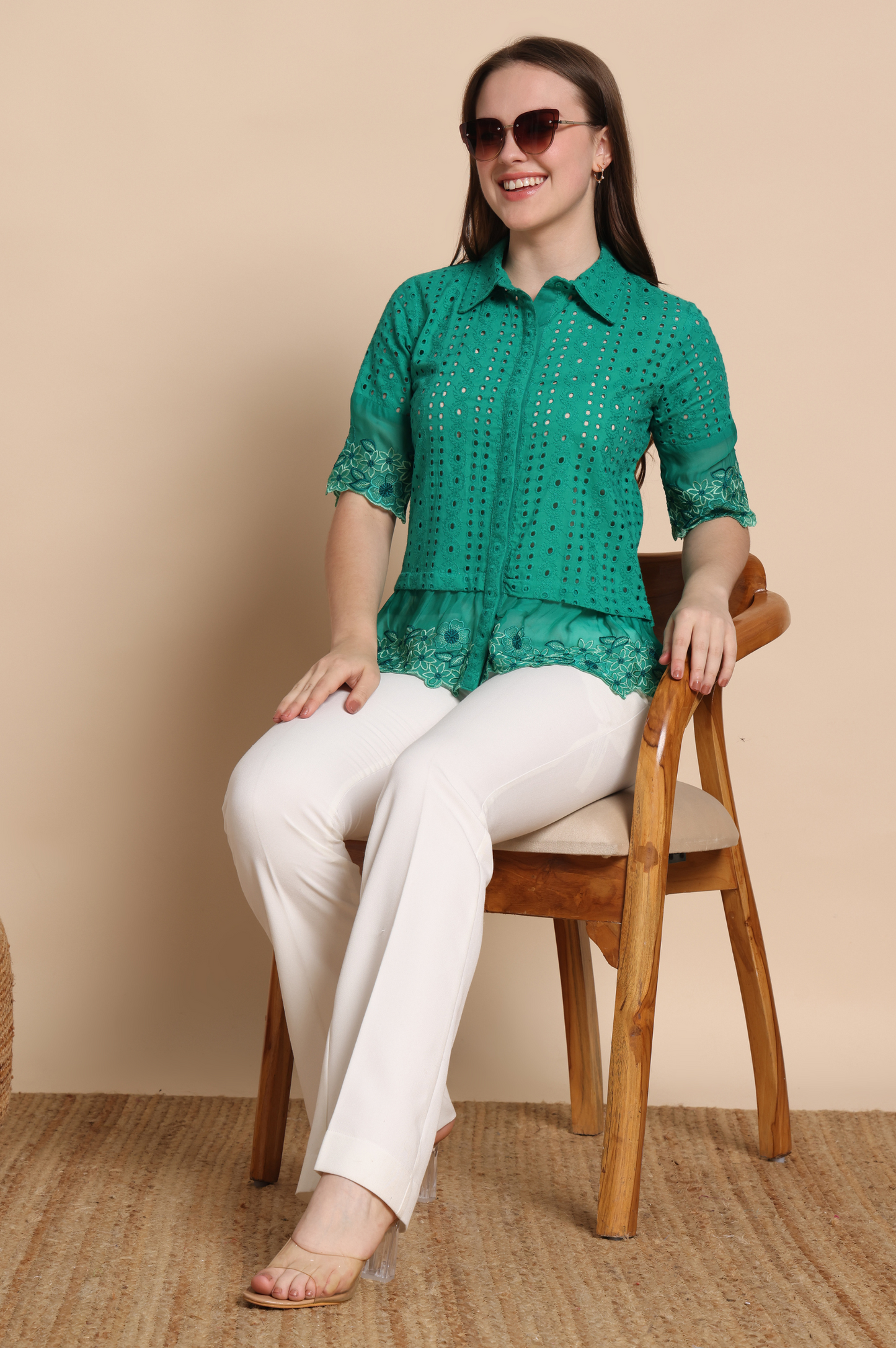 Green Mal Cotton Schiffli Self Design Shirt For Women