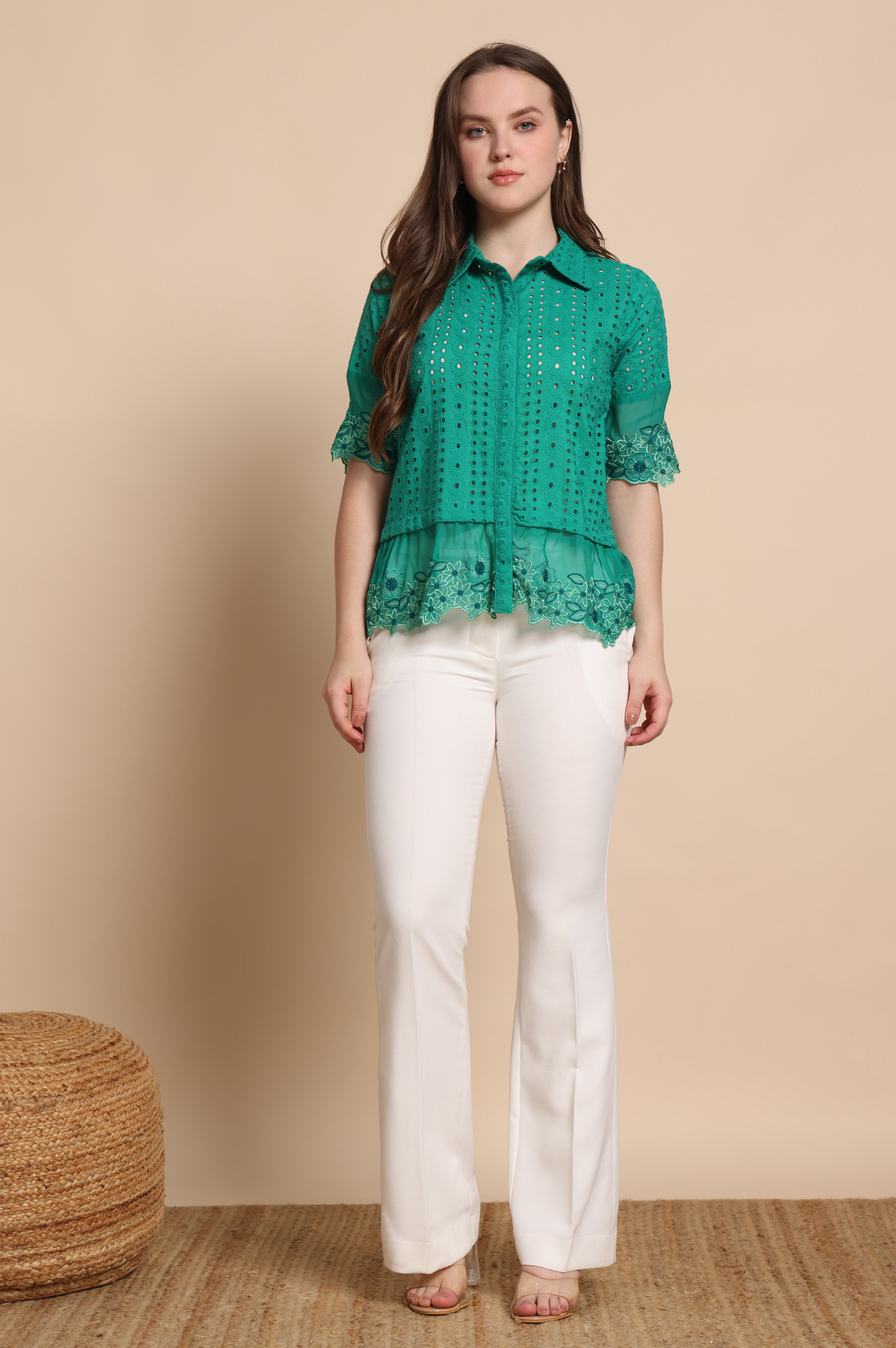 Green Mal Cotton Schiffli Self Design Shirt For Women