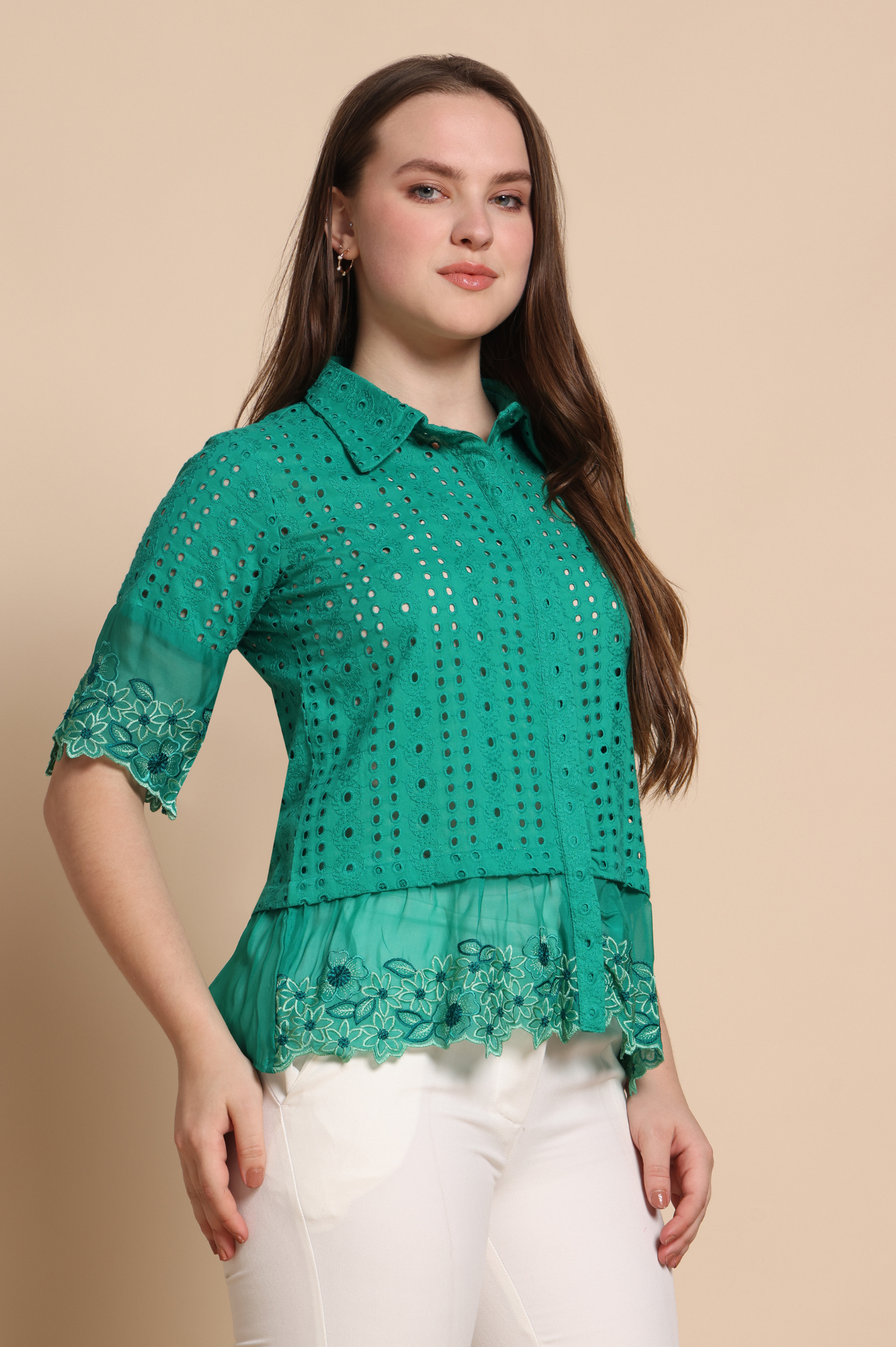 Green Mal Cotton Schiffli Self Design Shirt For Women
