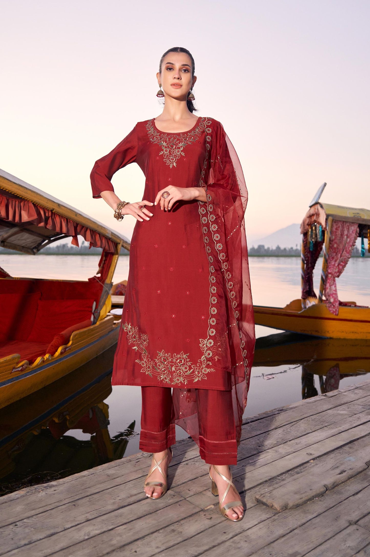 Red Roman Silk Embroidered Straight Kurta Set with Dupatta