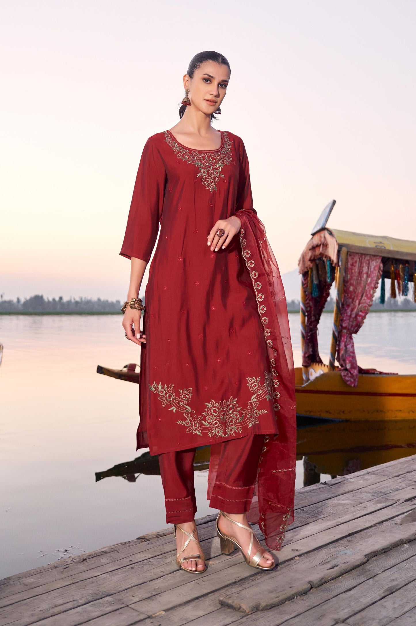Red Roman Silk Embroidered Straight Kurta Set with Dupatta