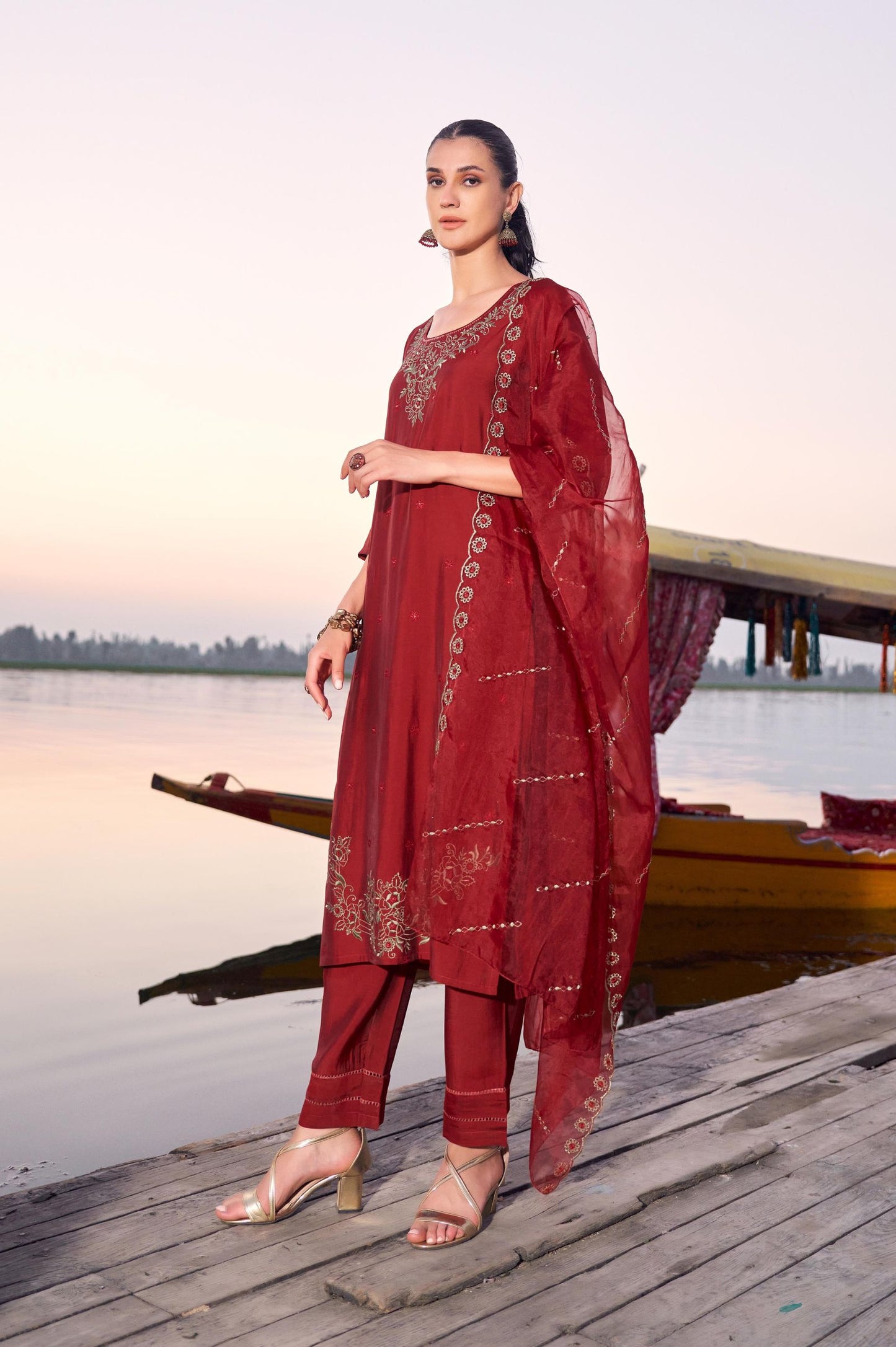 Red Roman Silk Embroidered Straight Kurta Set with Dupatta