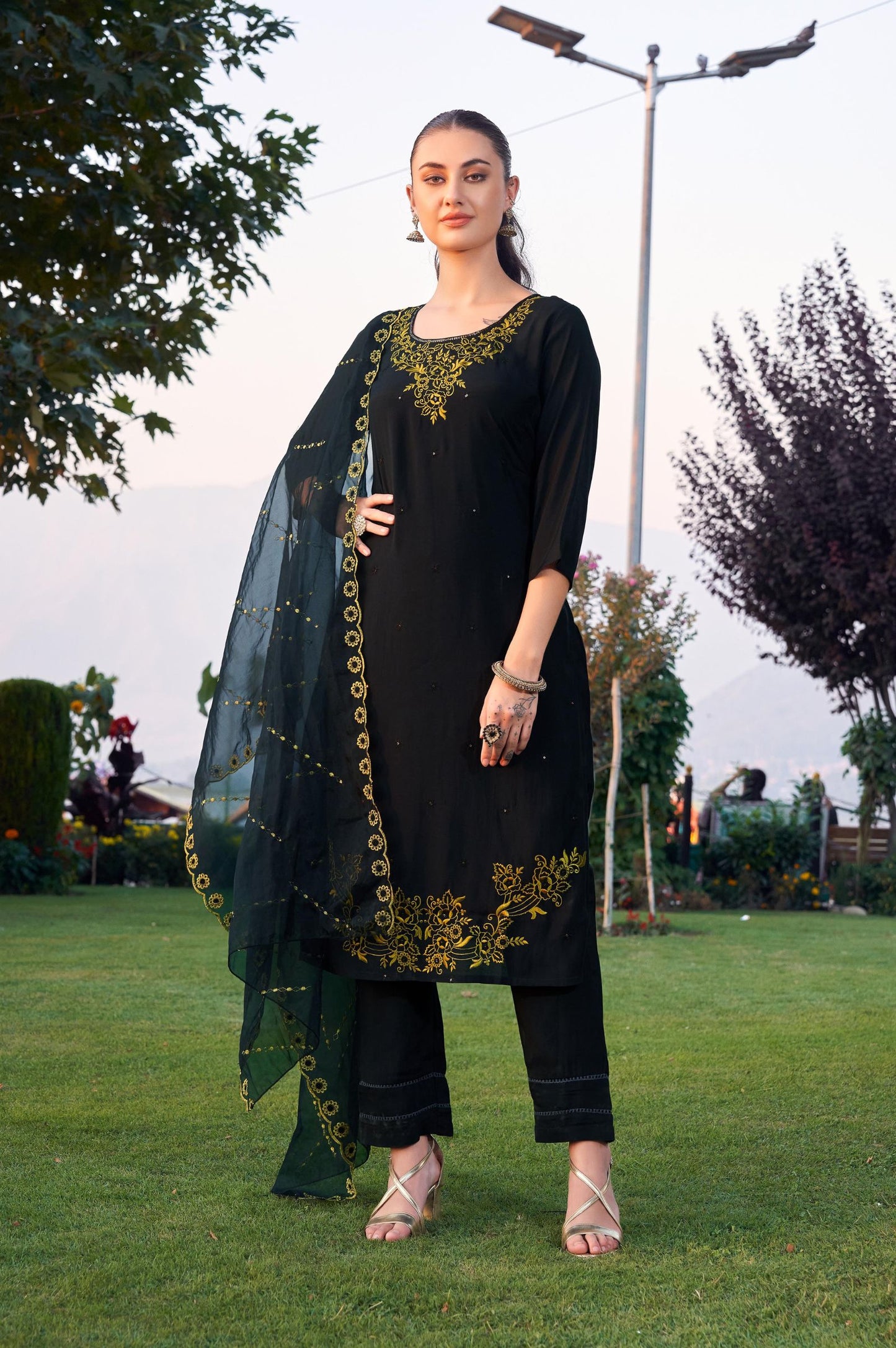 Black Roman Silk Embroidered Straight Kurta Set with Dupatta