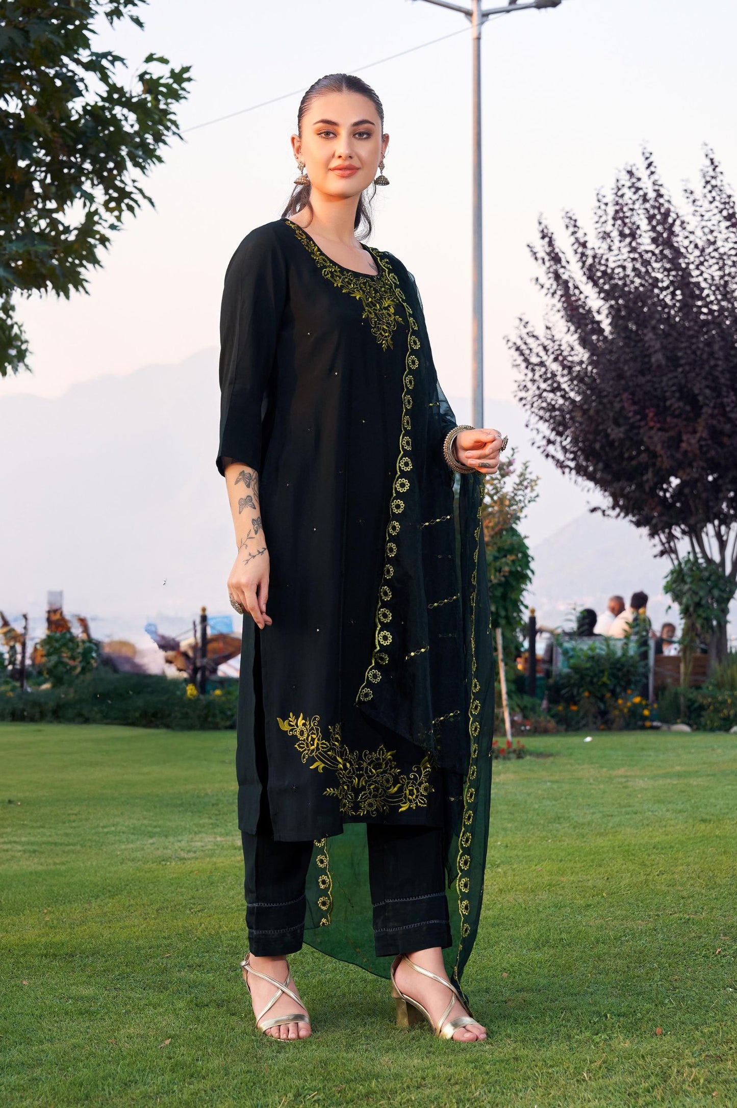 Black Roman Silk Embroidered Straight Kurta Set with Dupatta