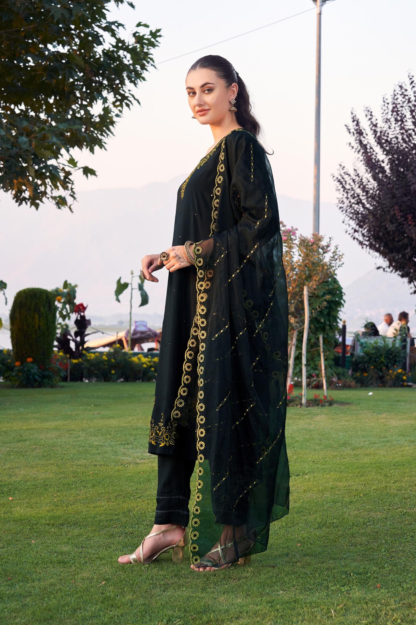 Black Roman Silk Embroidered Straight Kurta Set with Dupatta