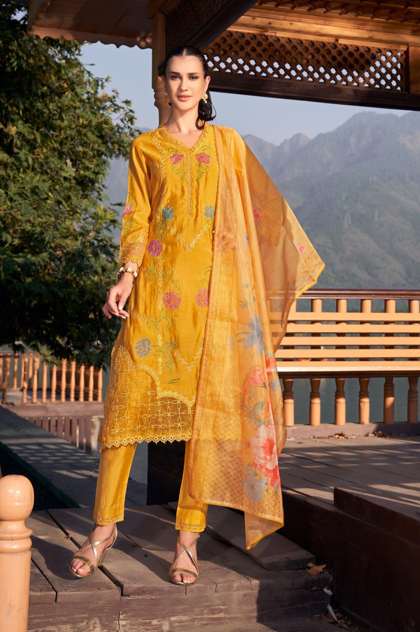 Mustard Roman Silk Embroidered Straight Kurta Set with Dupatta