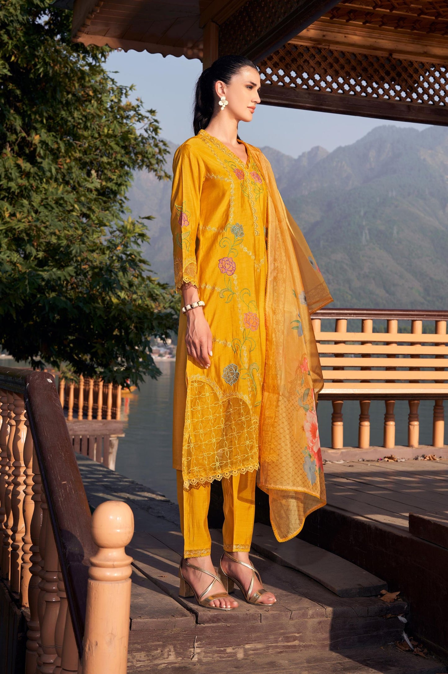Mustard Roman Silk Embroidered Straight Kurta Set with Dupatta