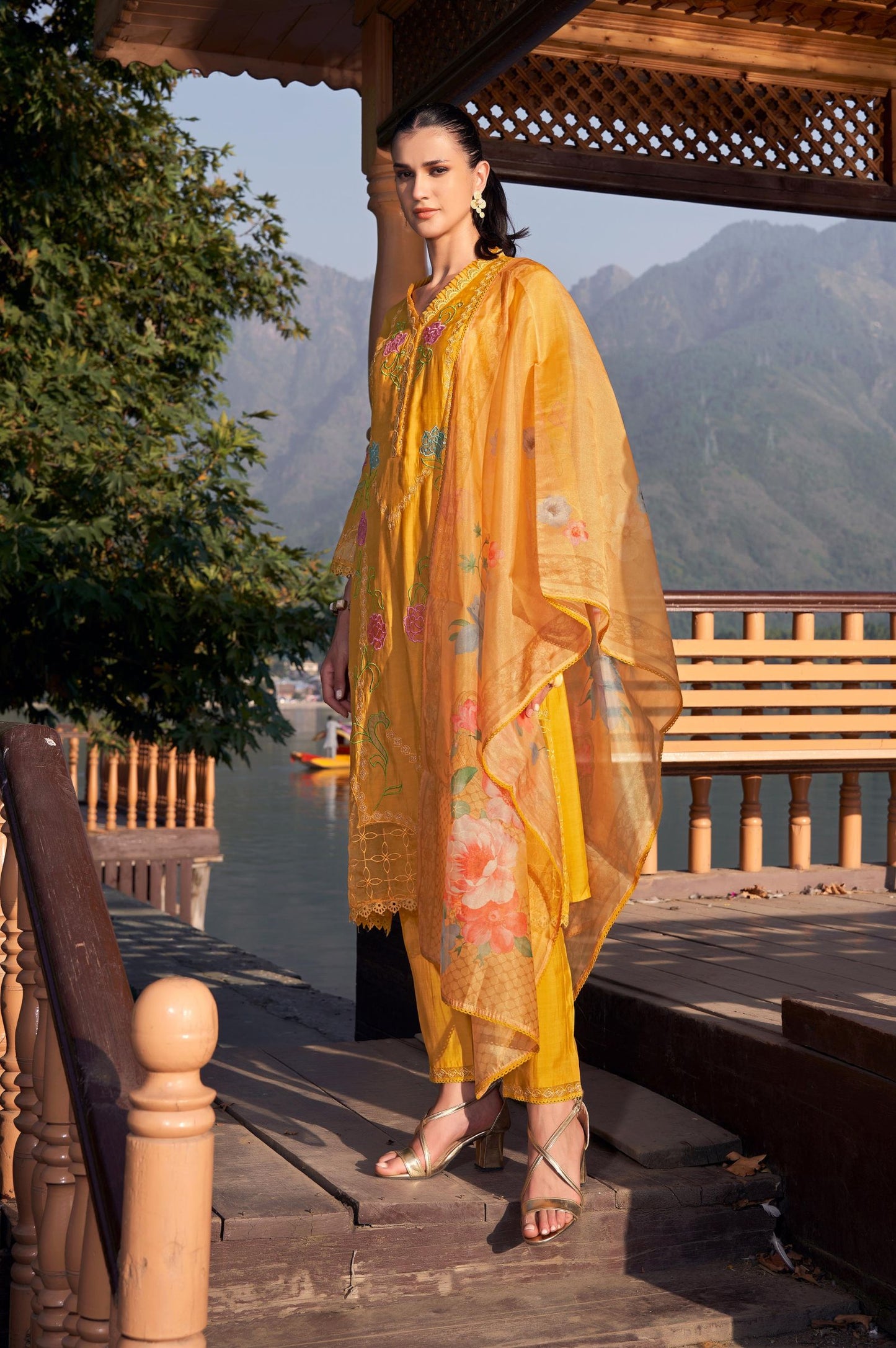 Mustard Roman Silk Embroidered Straight Kurta Set with Dupatta