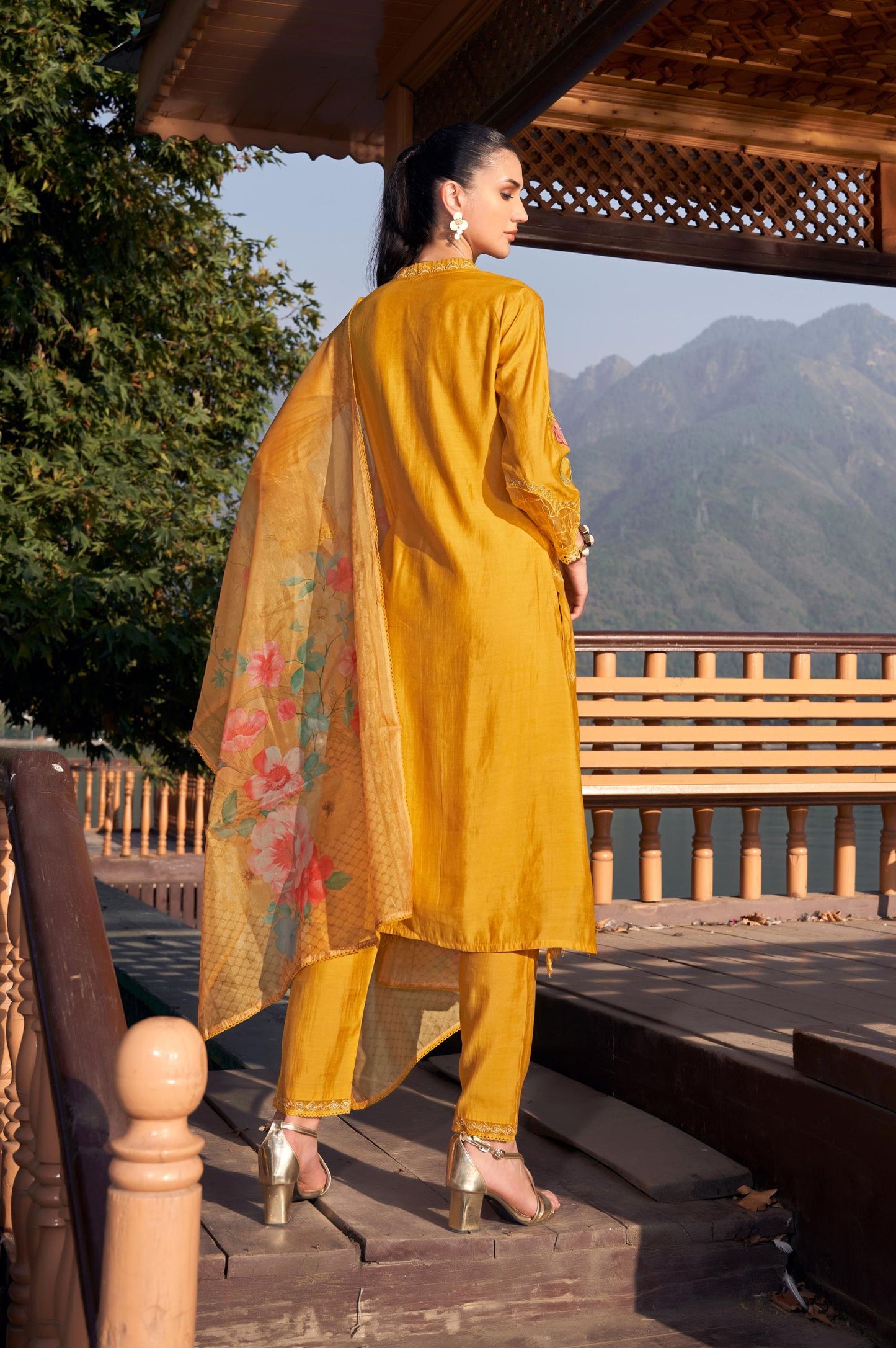 Mustard Roman Silk Embroidered Straight Kurta Set with Dupatta