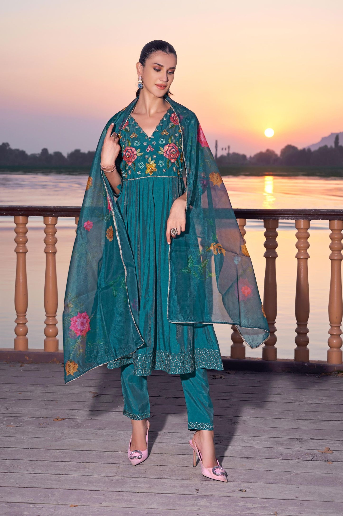 Turquoise Roman Silk Embroidered Anarkali Kurta Set with Dupatta