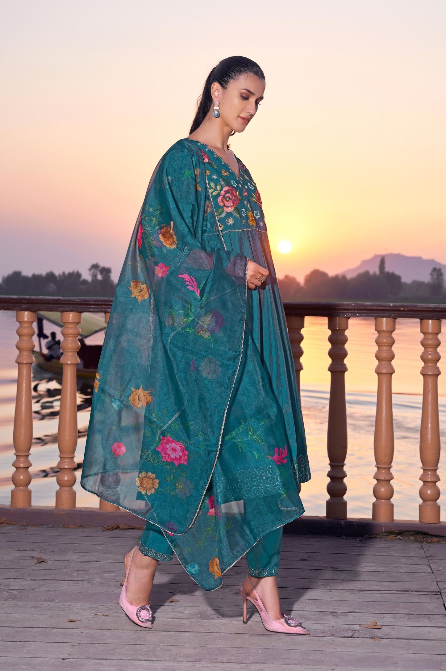 Turquoise Roman Silk Embroidered Anarkali Kurta Set with Dupatta
