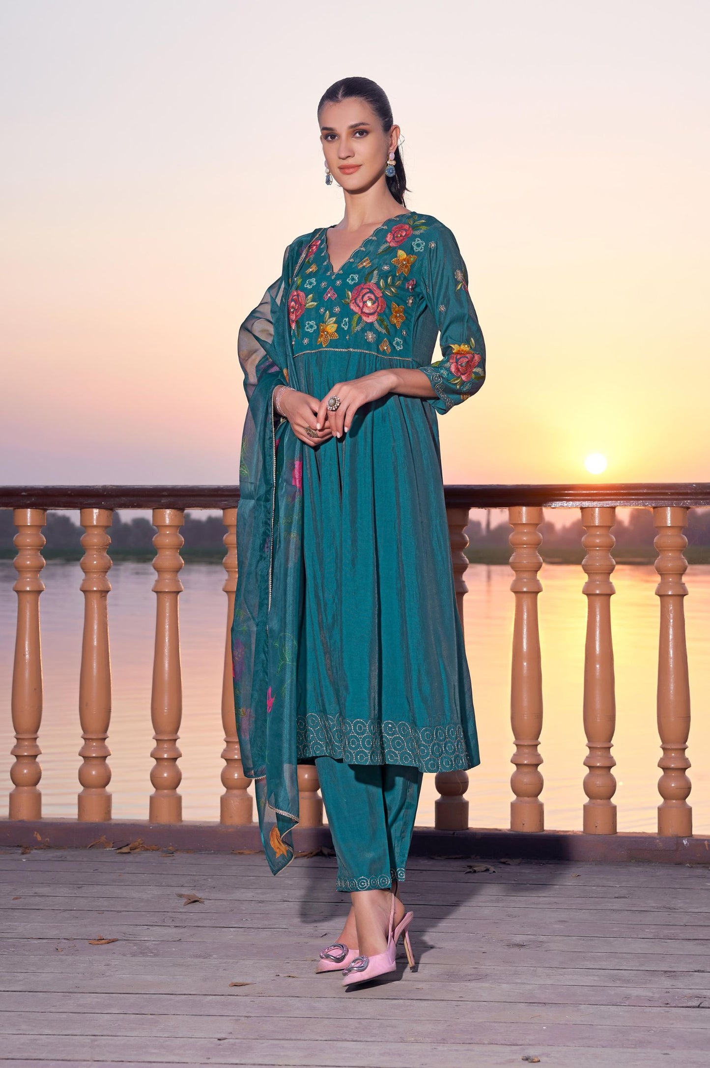 Turquoise Roman Silk Embroidered Anarkali Kurta Set with Dupatta