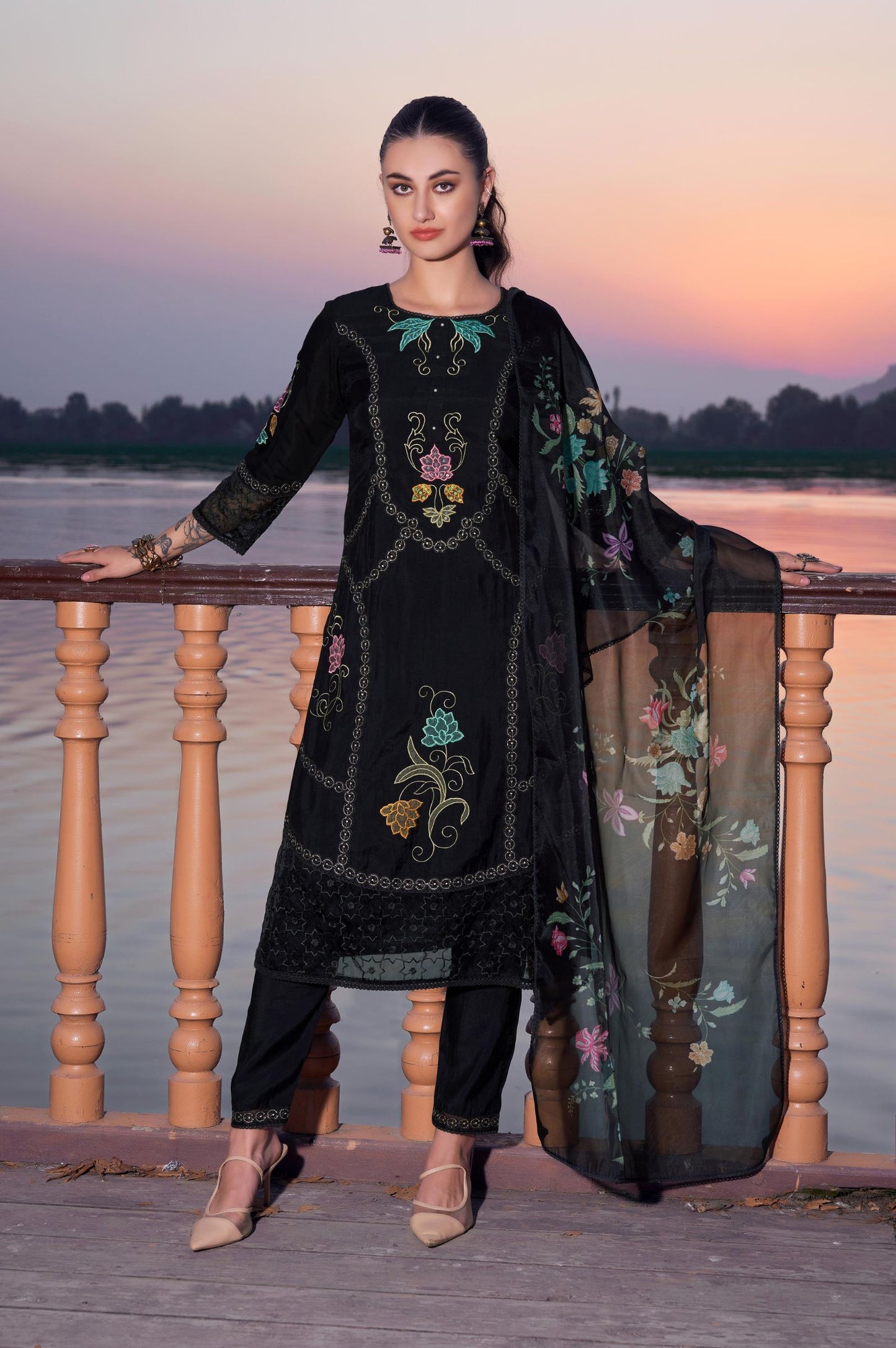 Black Roman Silk Embroidered Straight Kurta Set with Dupatta